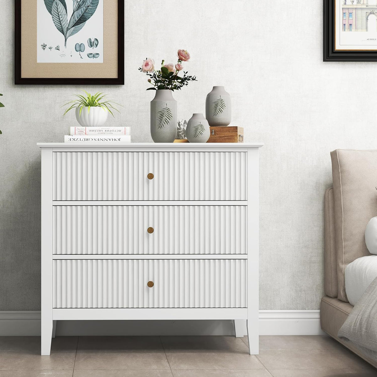 RoyalCraft Fluted Dresser 3 Drawer Bedroom Storage Cabinet/Nightstand(Open Box) - VMInnovations