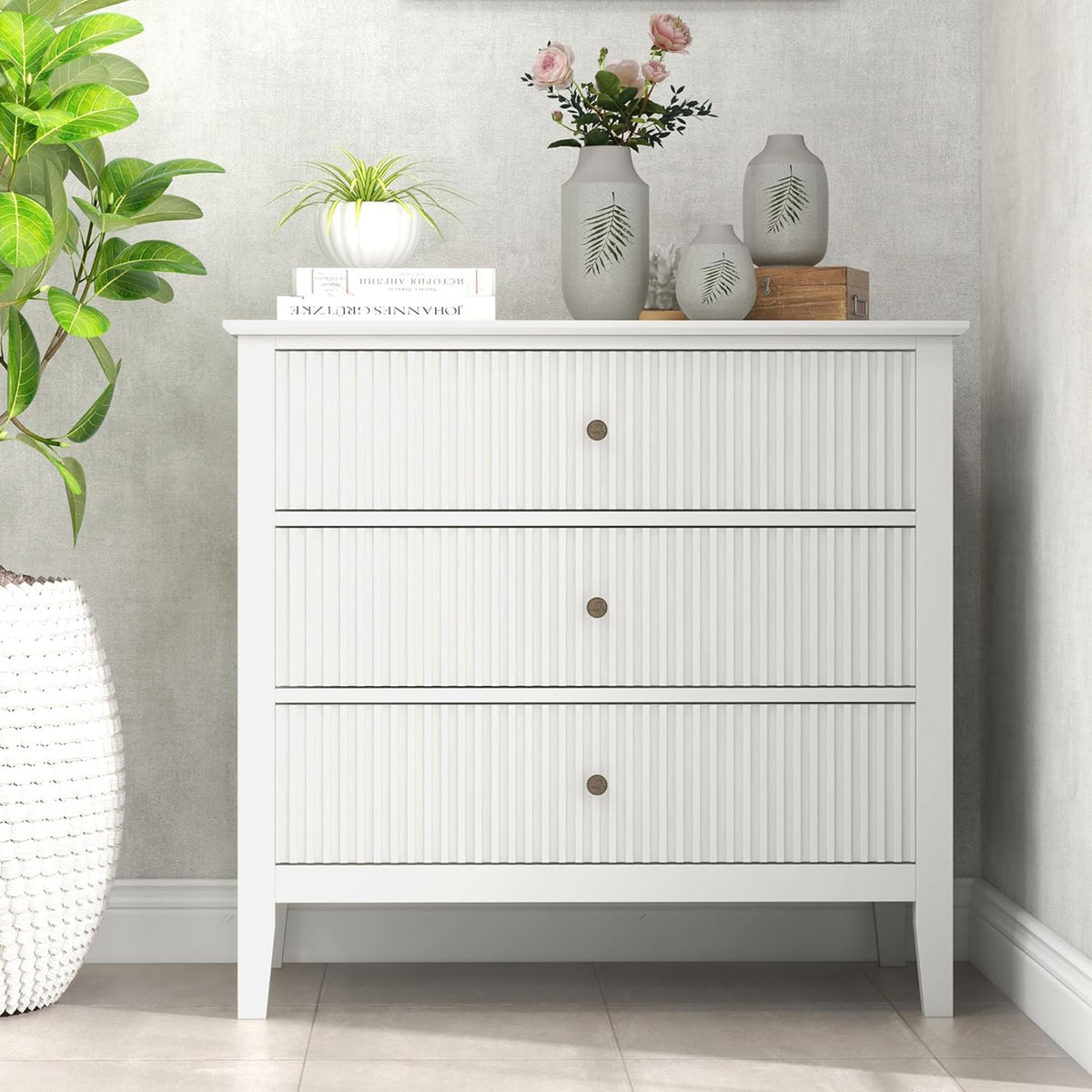 RoyalCraft Fluted Dresser 3 Drawer Bedroom Storage Cabinet/Nightstand(Open Box) - VMInnovations