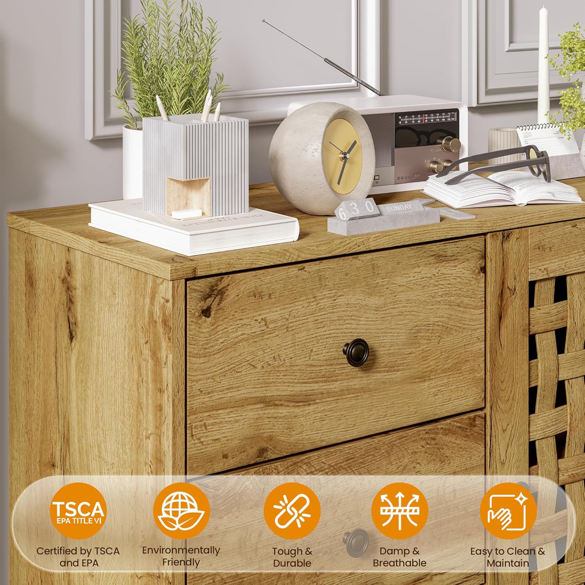 RoyalCraft Accent Storage Cabinet Sideboard Drawers Adjustable Shelves Natural - VMInnovations