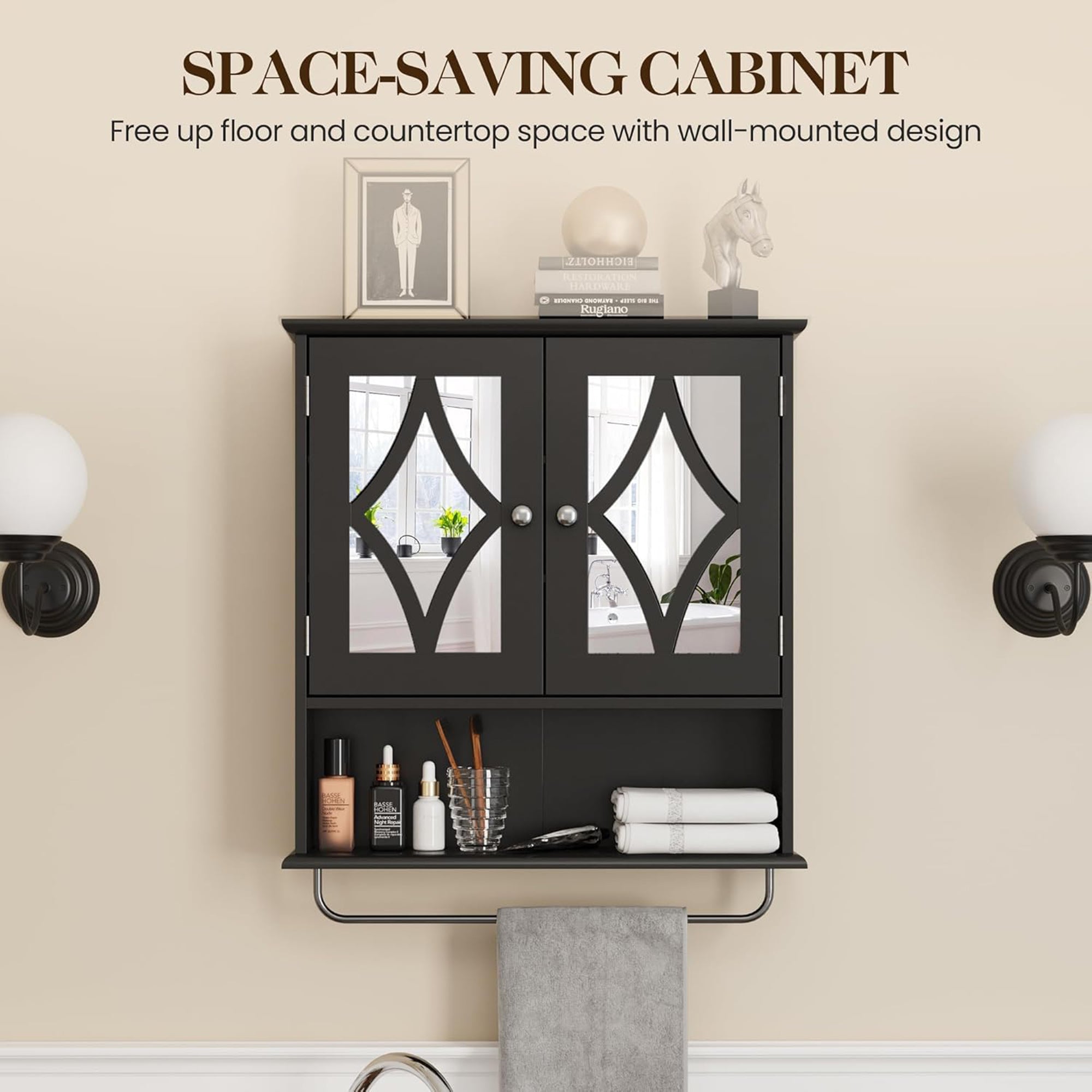 RoyalCraft Bathroom Wall Wood Medicine Cabinet with Mirror and Towel Bar, Black - VMInnovations
