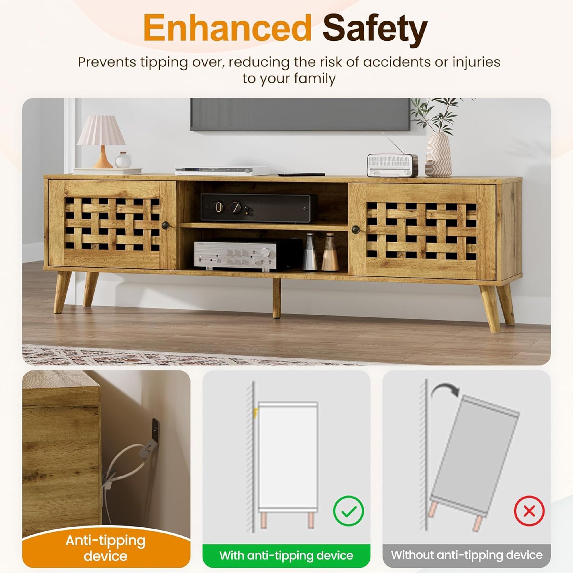 RoyalCraft Rattan TV Stand Entertainment Center w/Storage for 65" TVs (Open Box) - VMInnovations