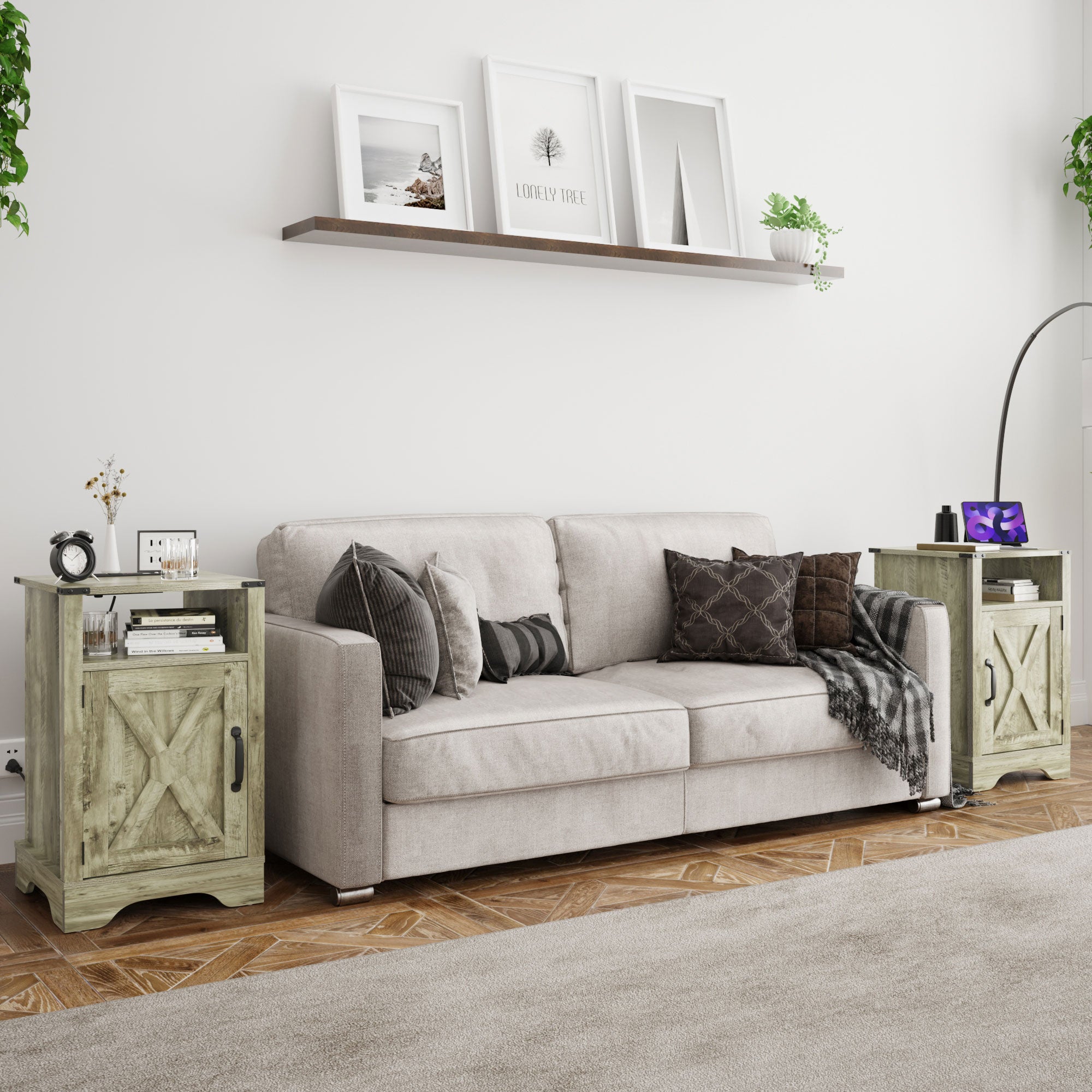 RoyalCraft Farmhouse Nightstand, Bedroom Table with Charging Station, Light Grey - VMInnovations