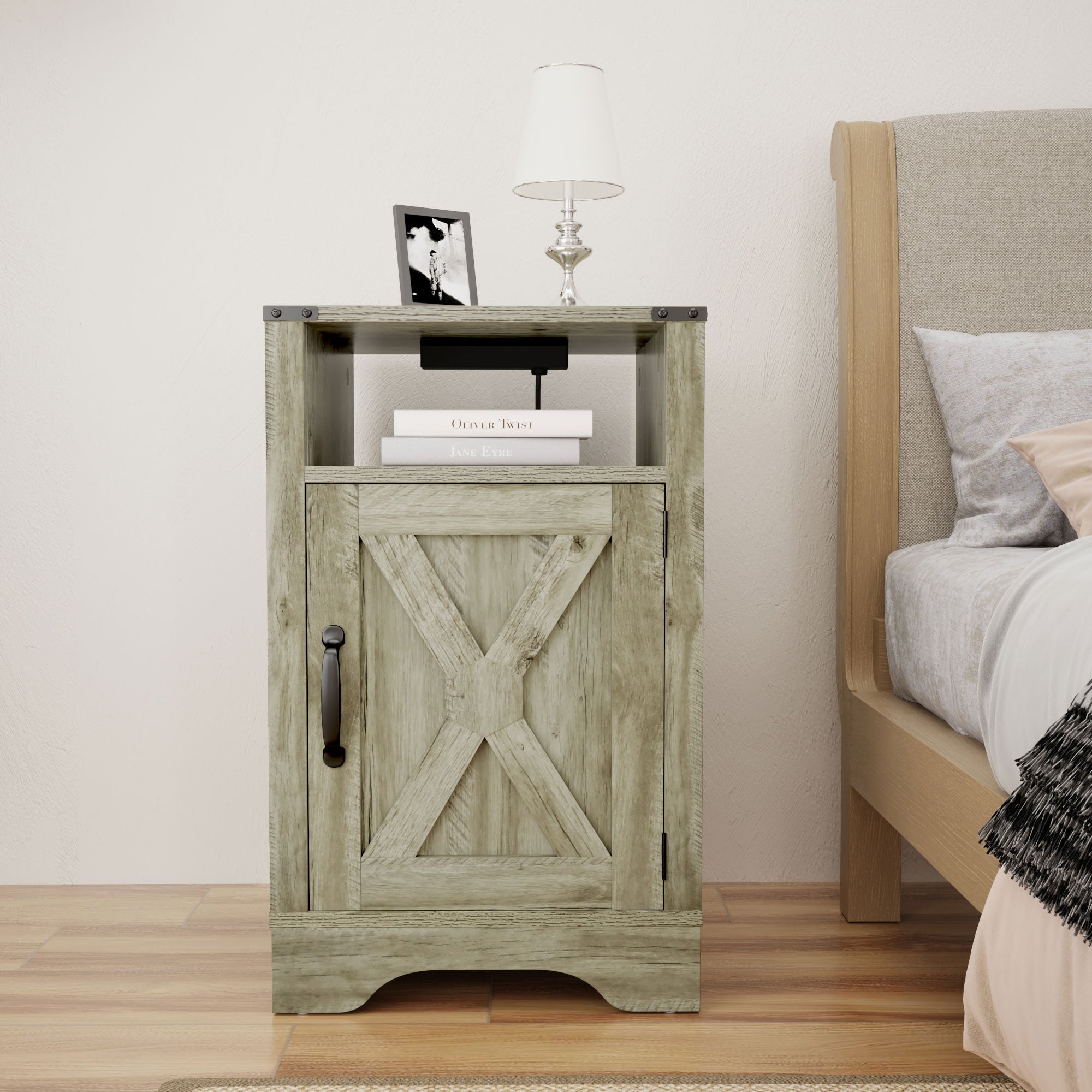 RoyalCraft Nightstand, Bedroom Table w/Charging Station, Light Grey (Open Box) - VMInnovations