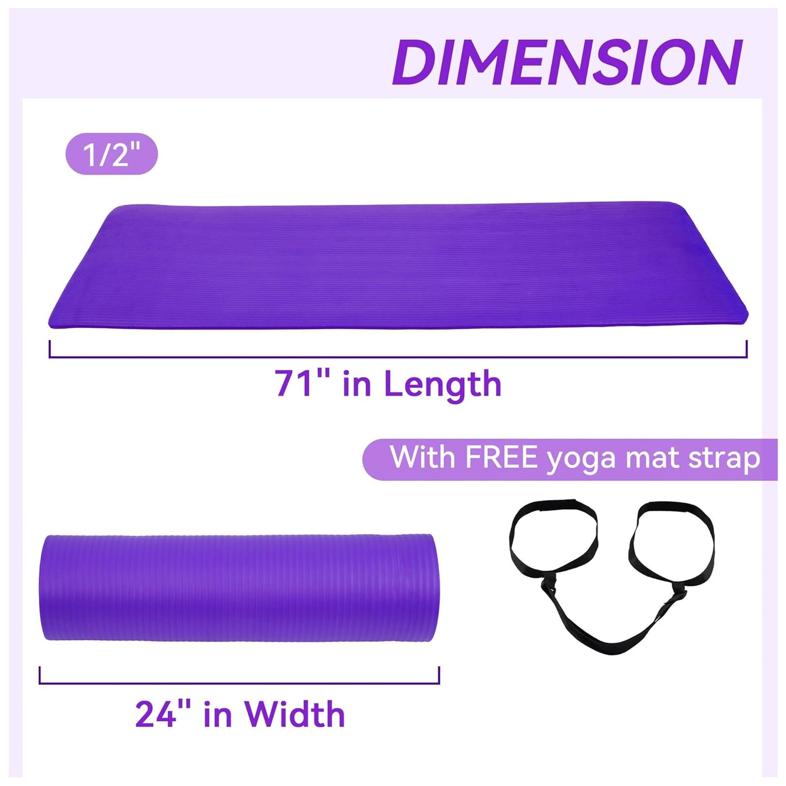 Fitvids 1/2-Inch Thick High Density Exercise Yoga Mat, Carrying Strap, Purple - VMInnovations