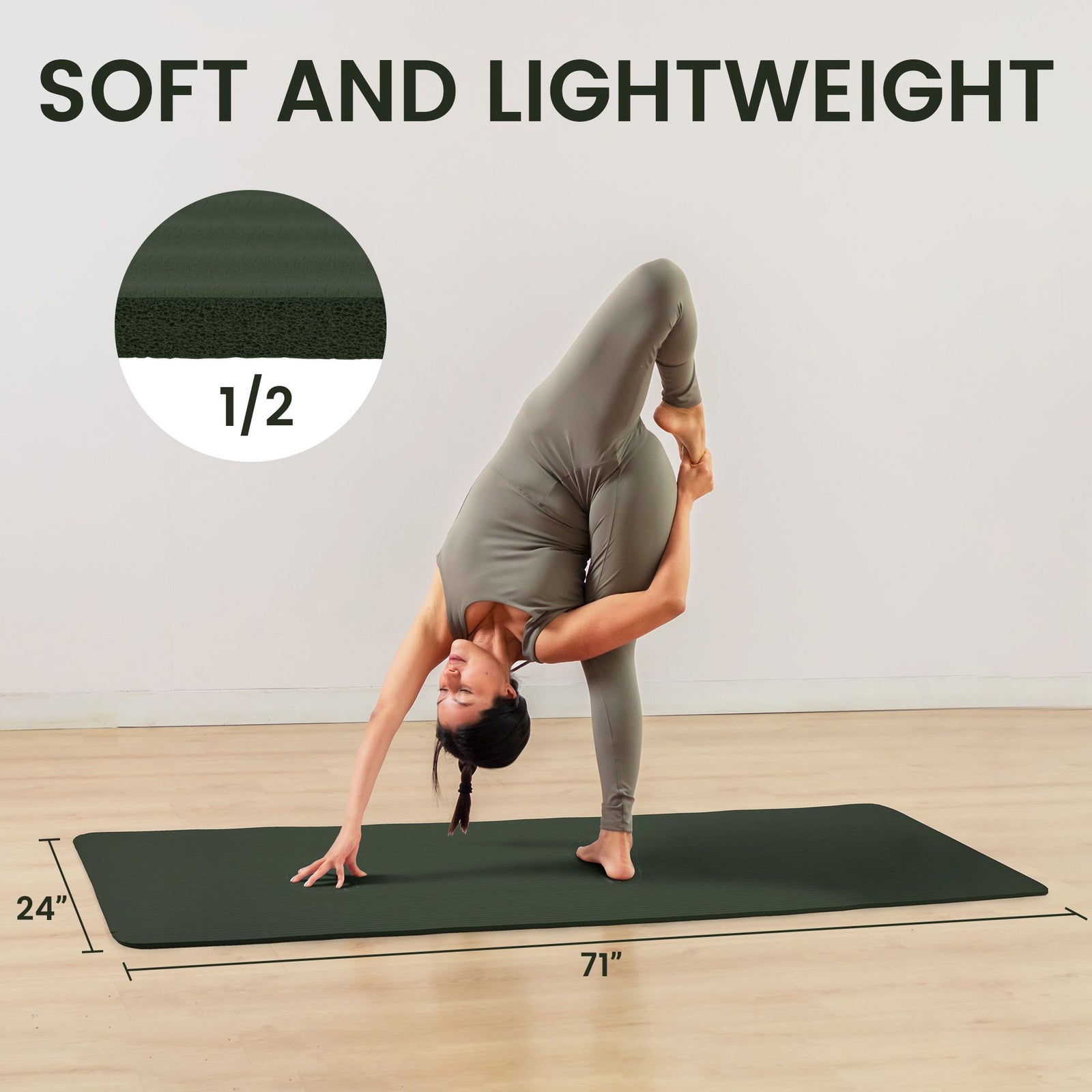 Fitvids 1/2" Thick High Density Exercise Yoga Mat, Carrying Strap, Jasper Green - VMInnovations