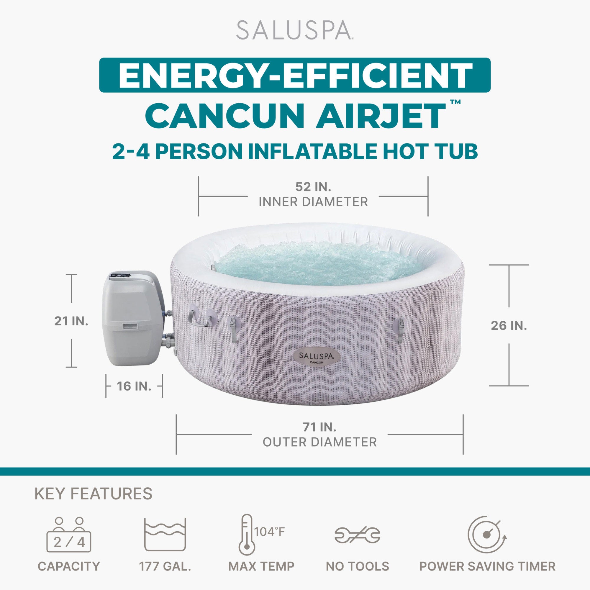 Bestway SaluSpa Cancun 2-4 Person Inflatable Energy-Efficient Hot Tub (Open Box)