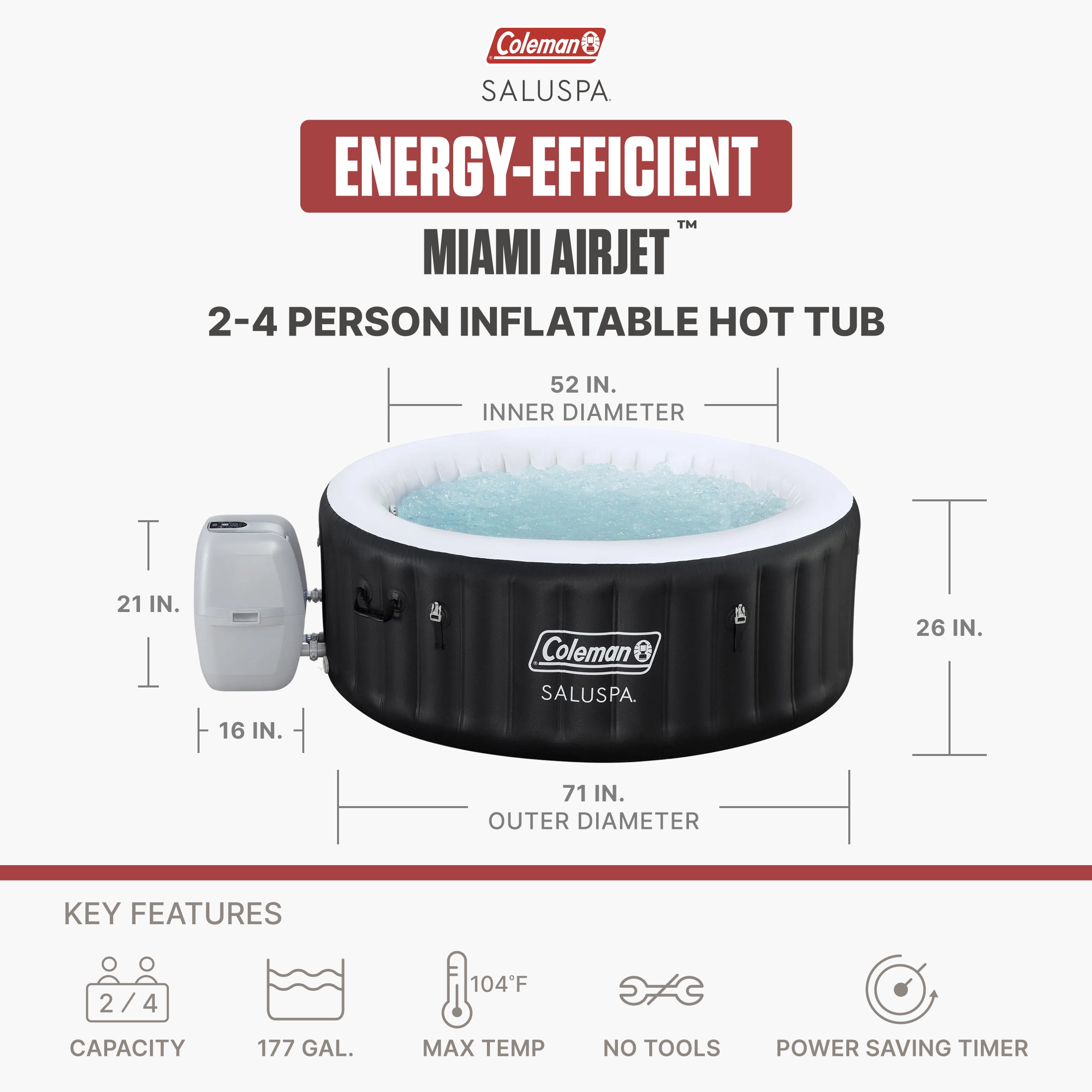 Coleman Miami 2-4 Person AirJet Inflatable Hot Tub with Cover, Black (Open Box) - VMInnovations