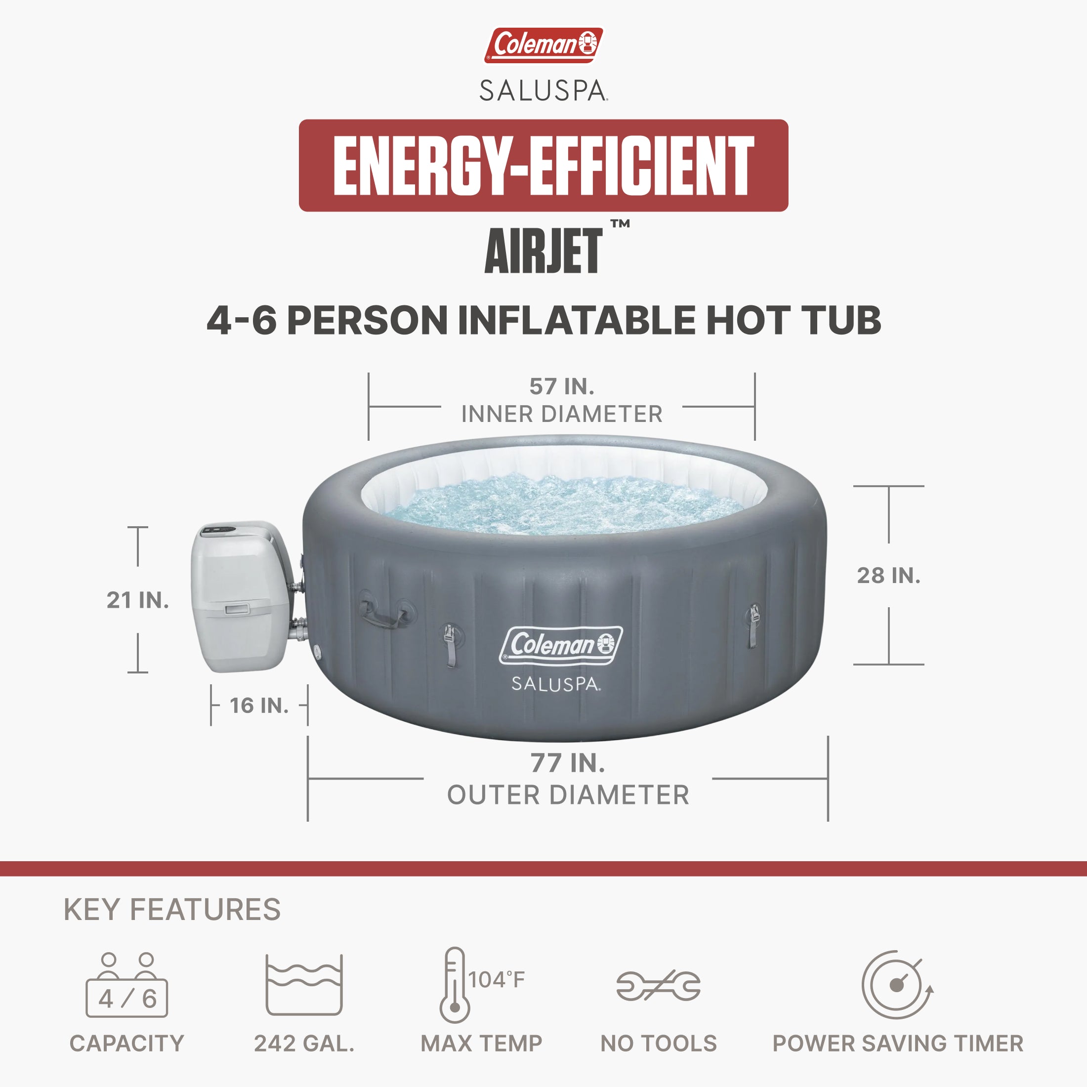 Coleman SaluSpa 4-6 Person AirJet Inflatable Hot Tub w/EnergySense Cover,77"x28" - VMInnovations