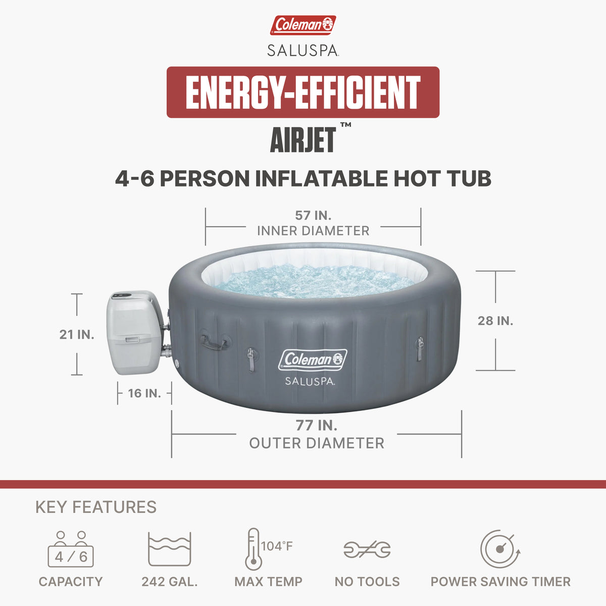 Coleman SaluSpa AirJet Inflatable Hot Tub w/EnergySense Cover, (Used)