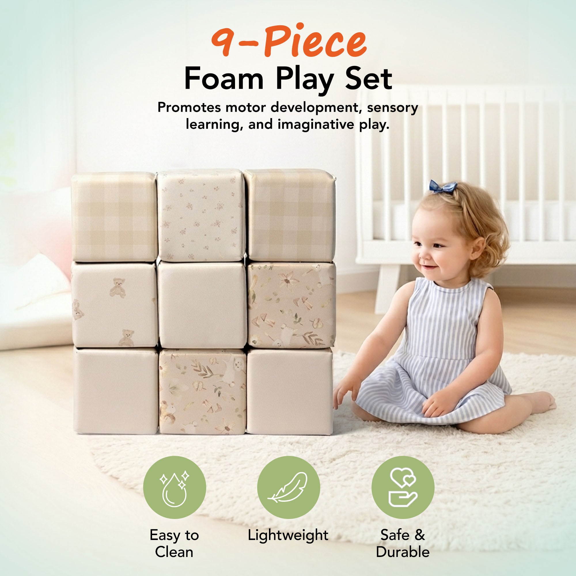 KIDKII 9 Piece Set Mini Builder Cubes Soft Foam Stackable Toddler Blocks, Beige - VMInnovations