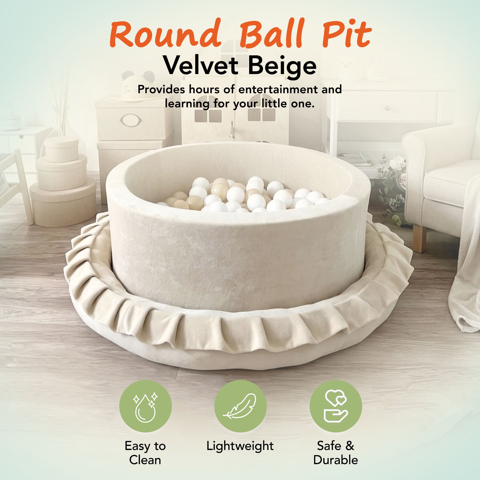 KIDKII Round Ball Pit Soft Velvet Indoor Play Toy for Toddlers, 150 Balls, Beige - VMInnovations