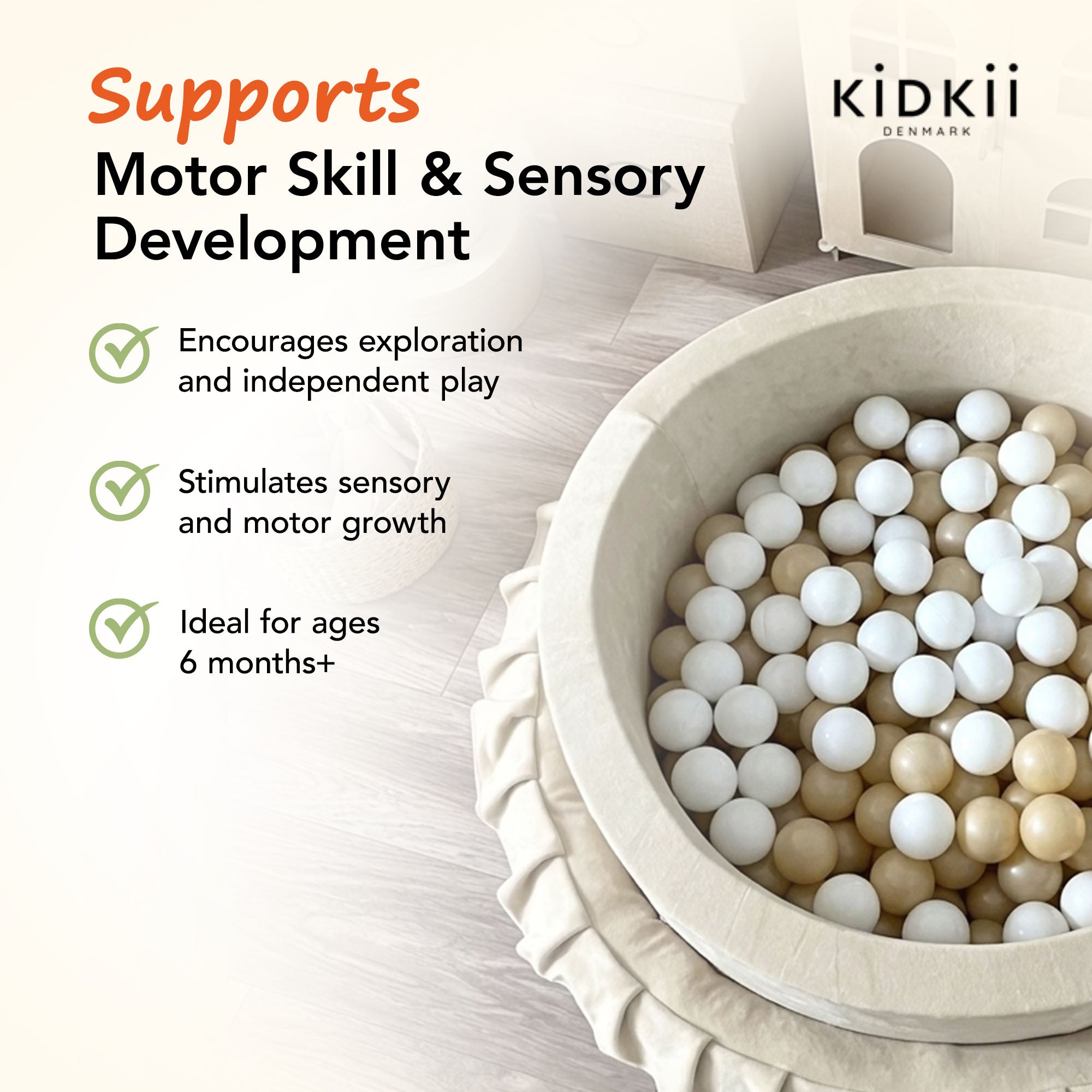 KIDKII Round Ball Pit Soft Velvet Indoor Play Toy for Toddlers, 150 Balls, Beige - VMInnovations