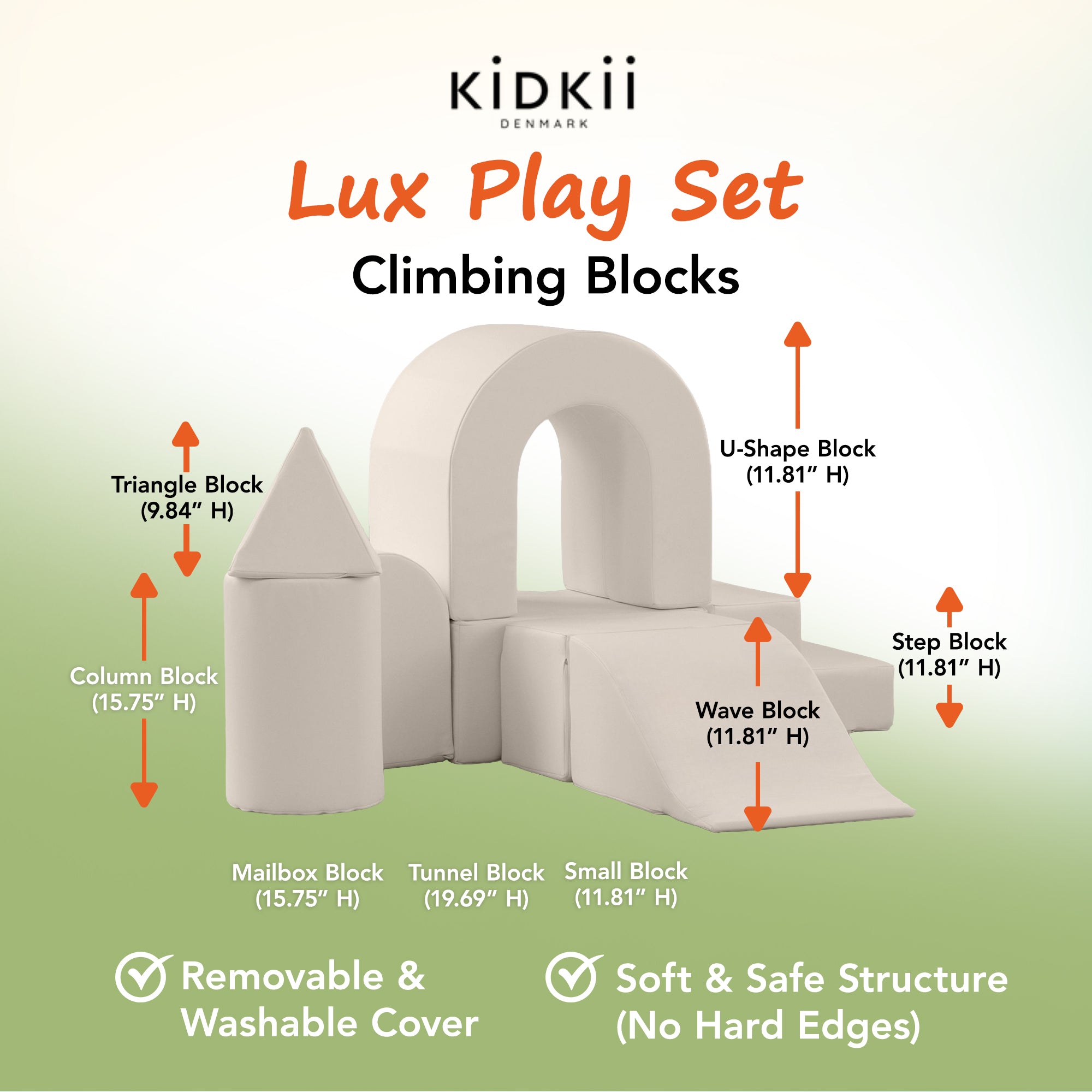 KIDKII Lux Play Set 8-Piece Firm Foam Climbing and Motor Skill Play Kit, Beige - VMInnovations