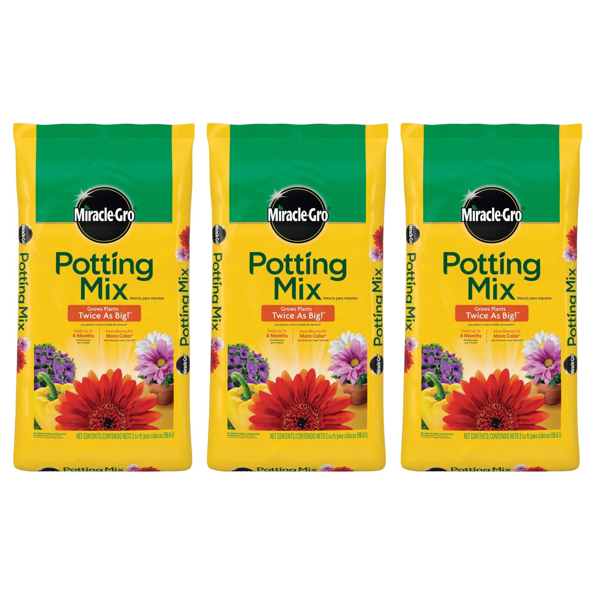 Miracle-Gro 3 Pack Potting Mix, Container Plants, Flowers, Vegetables, 2 Cu Ft