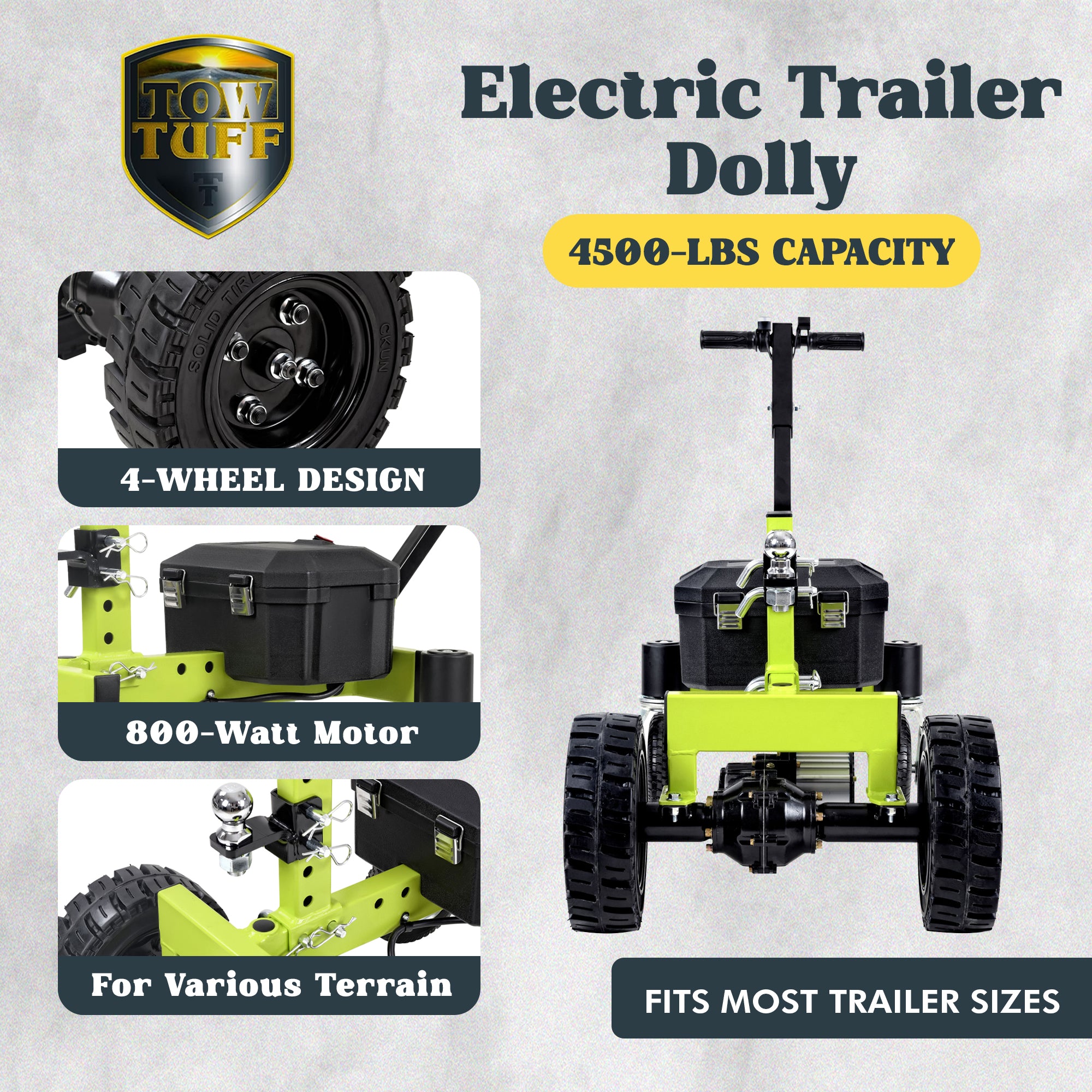 Tow Tuff Electric Trailer Dolly, 24V Motor, Adjustable Hitch, 4500 Lb Cap, Green - VMInnovations