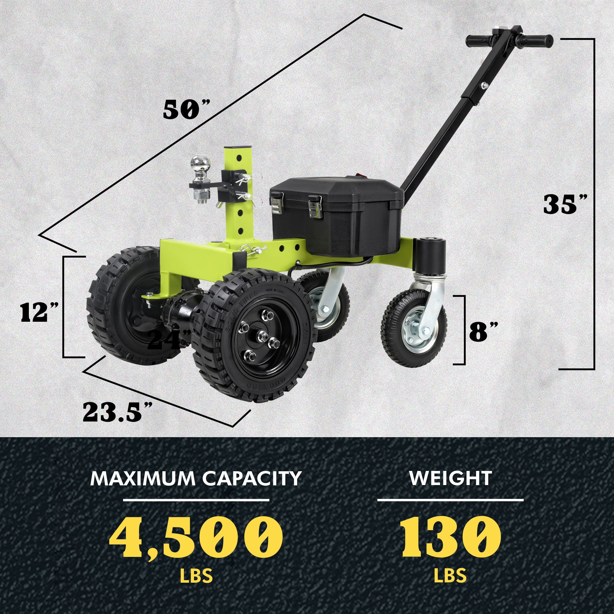 Tow Tuff Electric Trailer Dolly, 24V Motor, Adjustable Hitch, 4500 Lb Cap, Green - VMInnovations