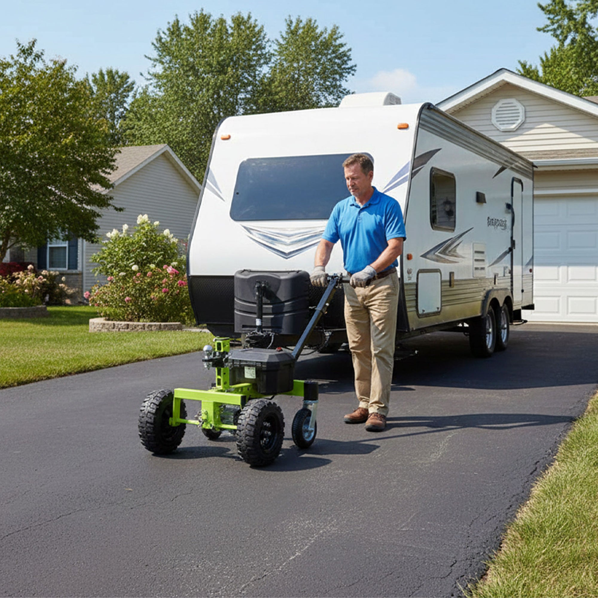 Tow Tuff Electric Trailer Dolly, 24V Motor, Adjustable Hitch, 4500 Lb Cap, Green - VMInnovations