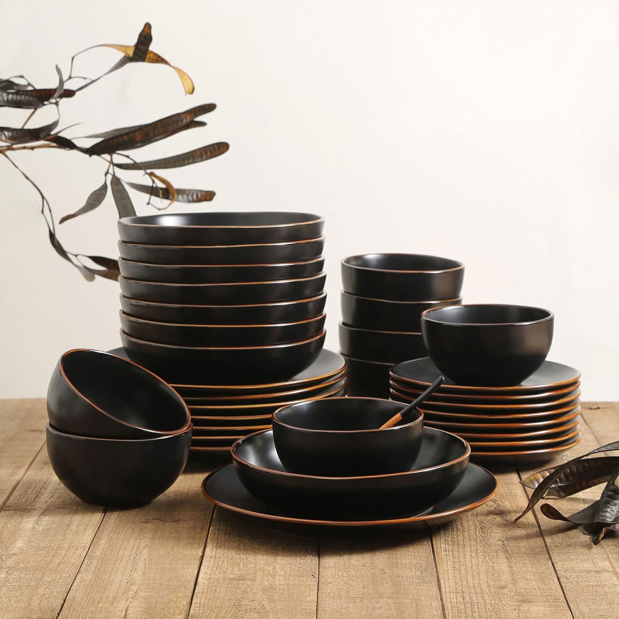 Stone Lain Brasa Modern Stoneware 32 Piece Dinnerware Set, Service for 8, Black - VMInnovations