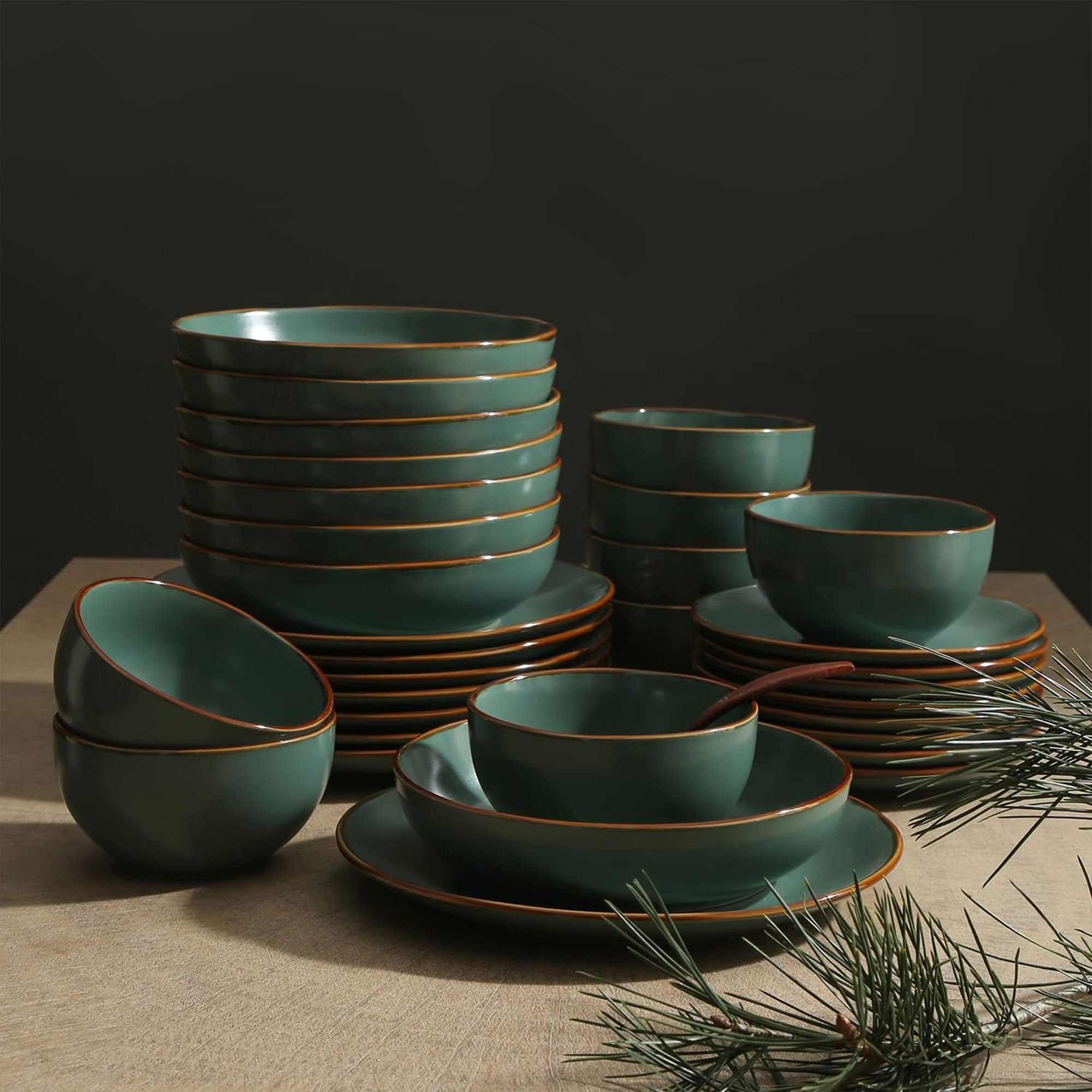 Stone Lain Brasa Modern Stoneware 32 Piece Dinnerware Set, Service for 8, Green - VMInnovations