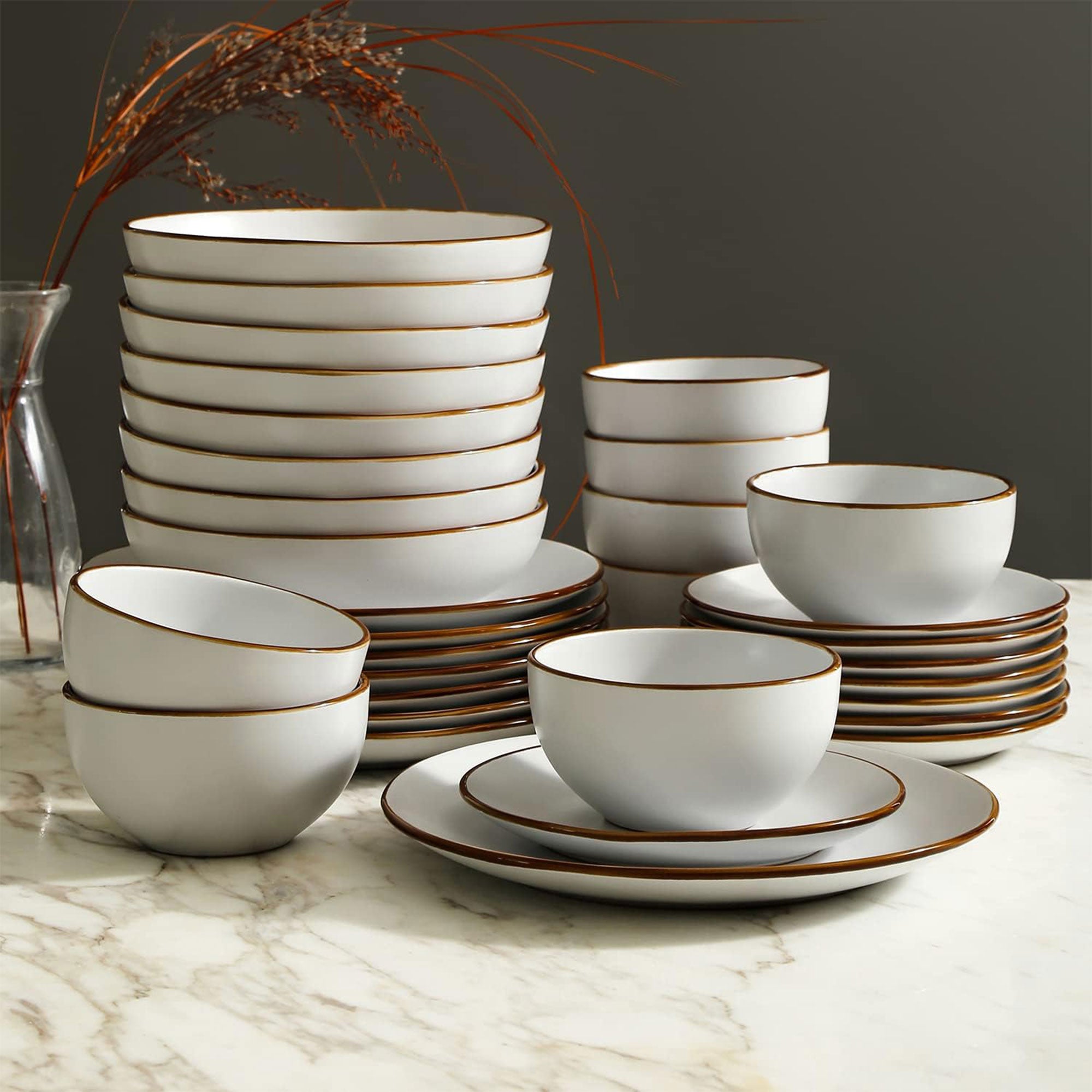 Stone Lain Brasa Modern Stoneware 32 Piece Dinnerware Set, Service for 8, White - VMInnovations