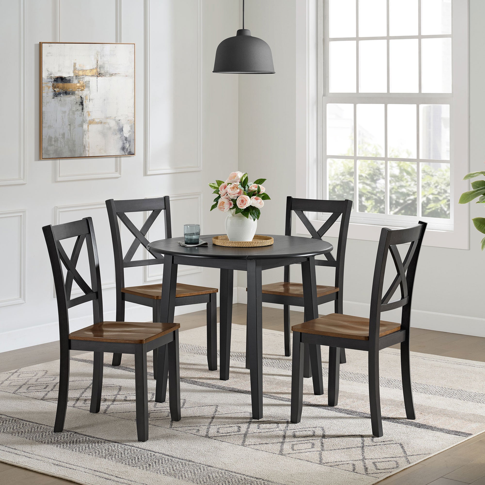 ROME + OAK Hinged Drop Leaf Dining Table, 22 to 36 Inch Round Tabletop, Black