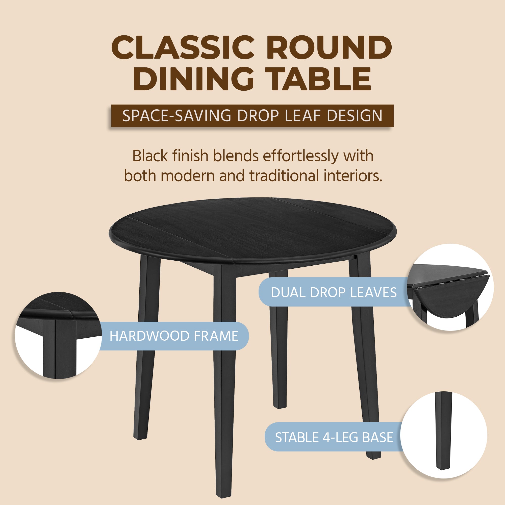 ROME + OAK Drop Leaf Table with Set of 2 X-Back Chairs, Wooden Dining Set, Black