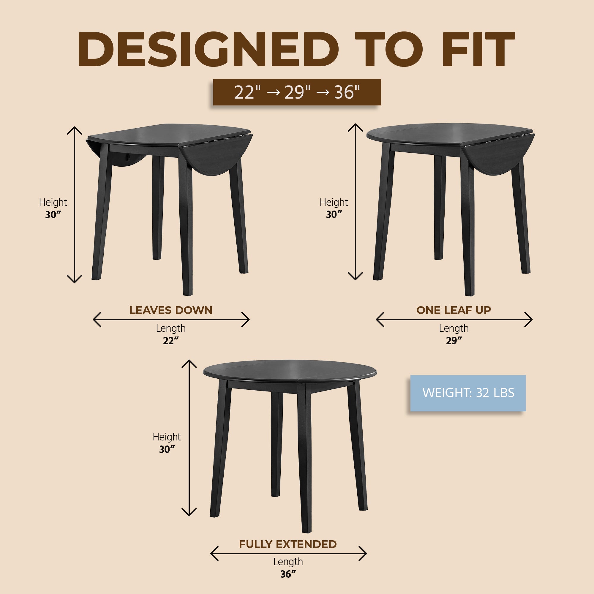 ROME + OAK Drop Leaf Table with Set of 2 X-Back Chairs, Wooden Dining Set, Black