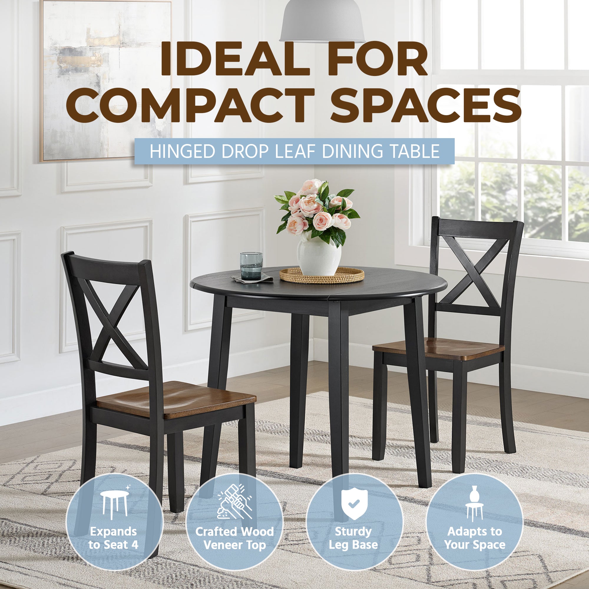 ROME + OAK Hinged Drop Leaf Dining Table, 22 to 36 Inch Round Tabletop, Black
