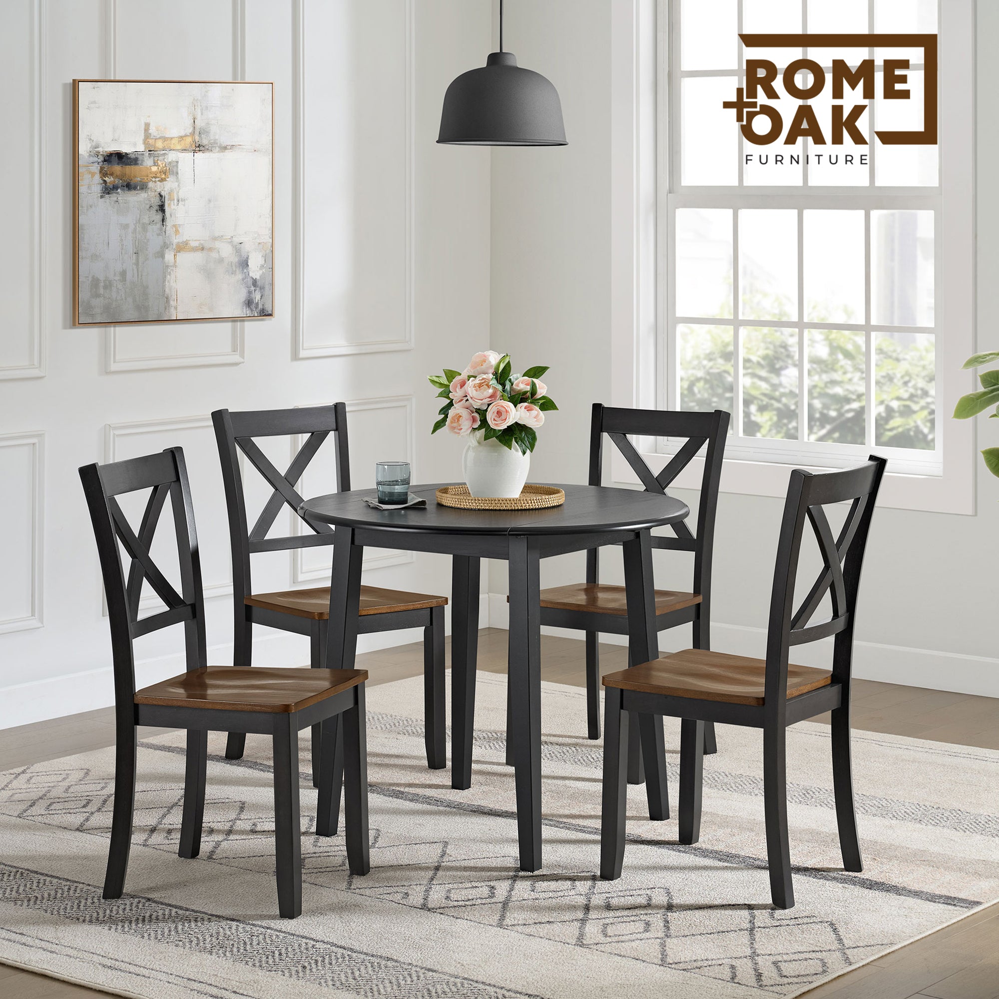 ROME + OAK Drop Leaf Table with Set of 2 X-Back Chairs, Wooden Dining Set, Black