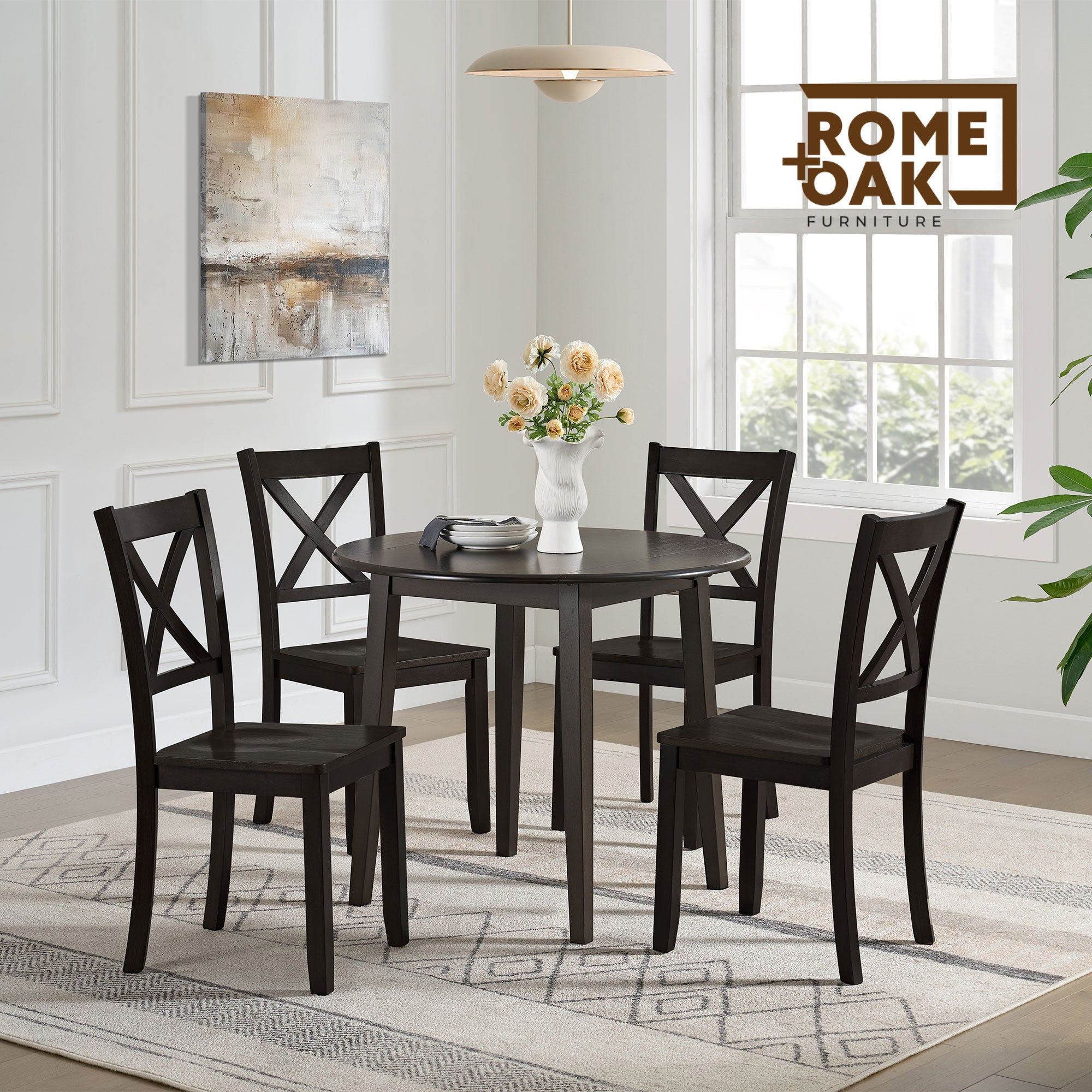 ROME + OAK Farmhouse Dining Set with 40" Round Table and 4 Chairs, Dark Brown