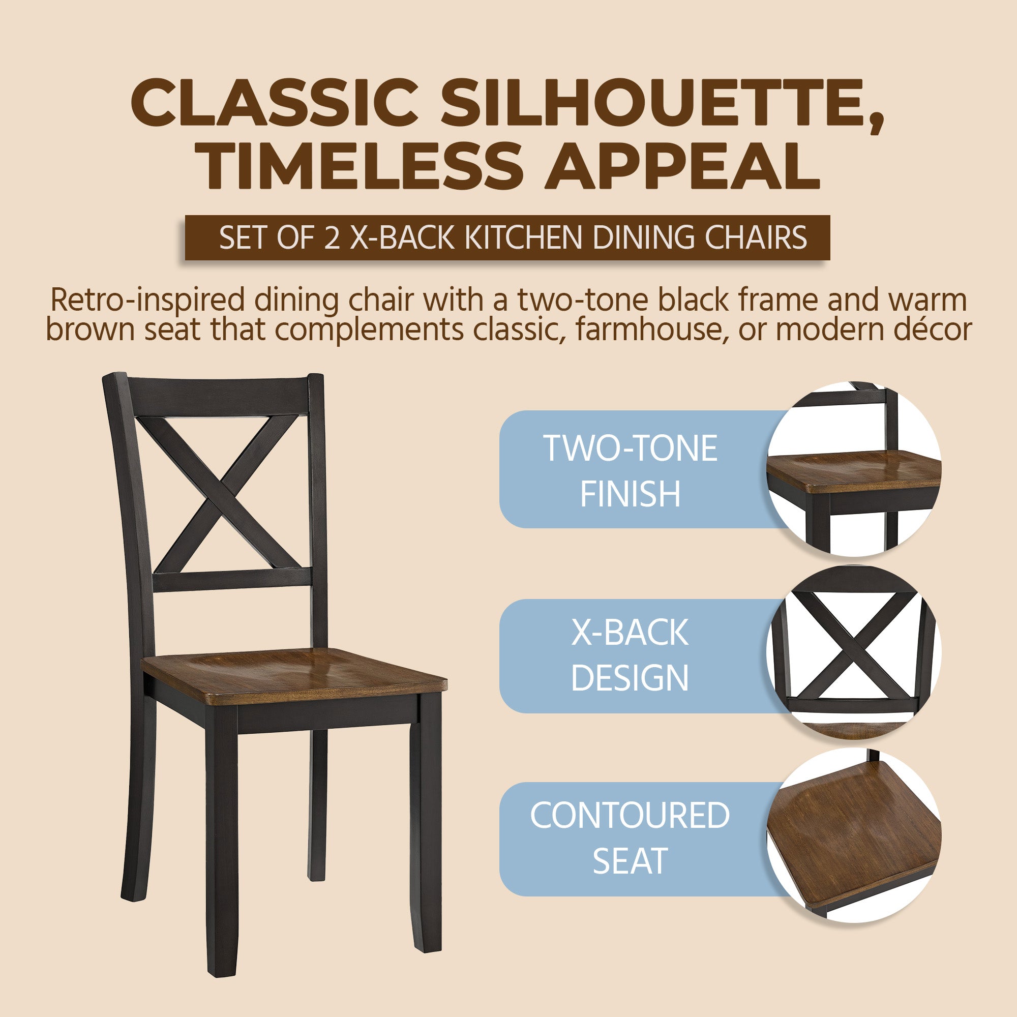 ROME + OAK Drop Leaf Table with Set of 2 X-Back Chairs, Wooden Dining Set, Black