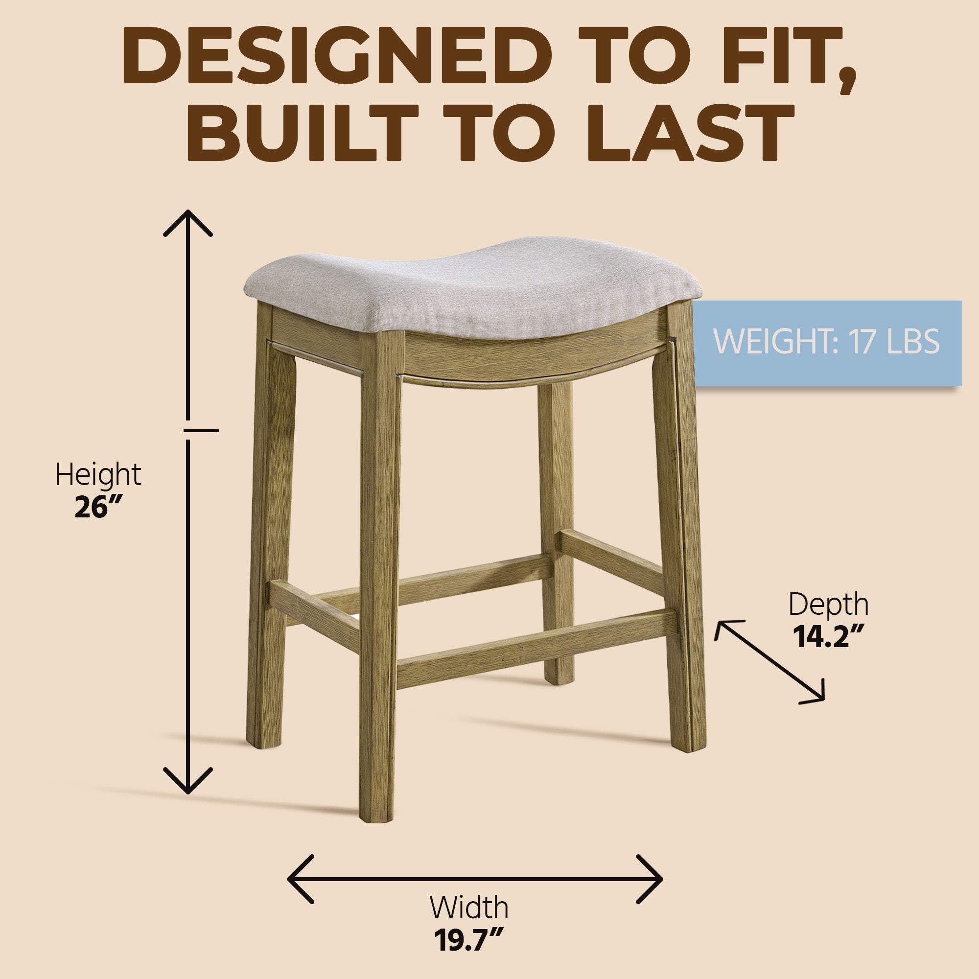ROME + OAK Parker Backless Saddle Counter Stool, Natural, Cream Upholstery, 2 Pack