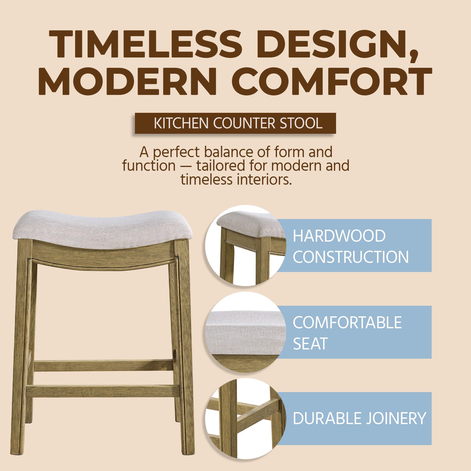 ROME + OAK Parker Backless Saddle Counter Stool, Natural, Cream Upholstery, 2 Pack