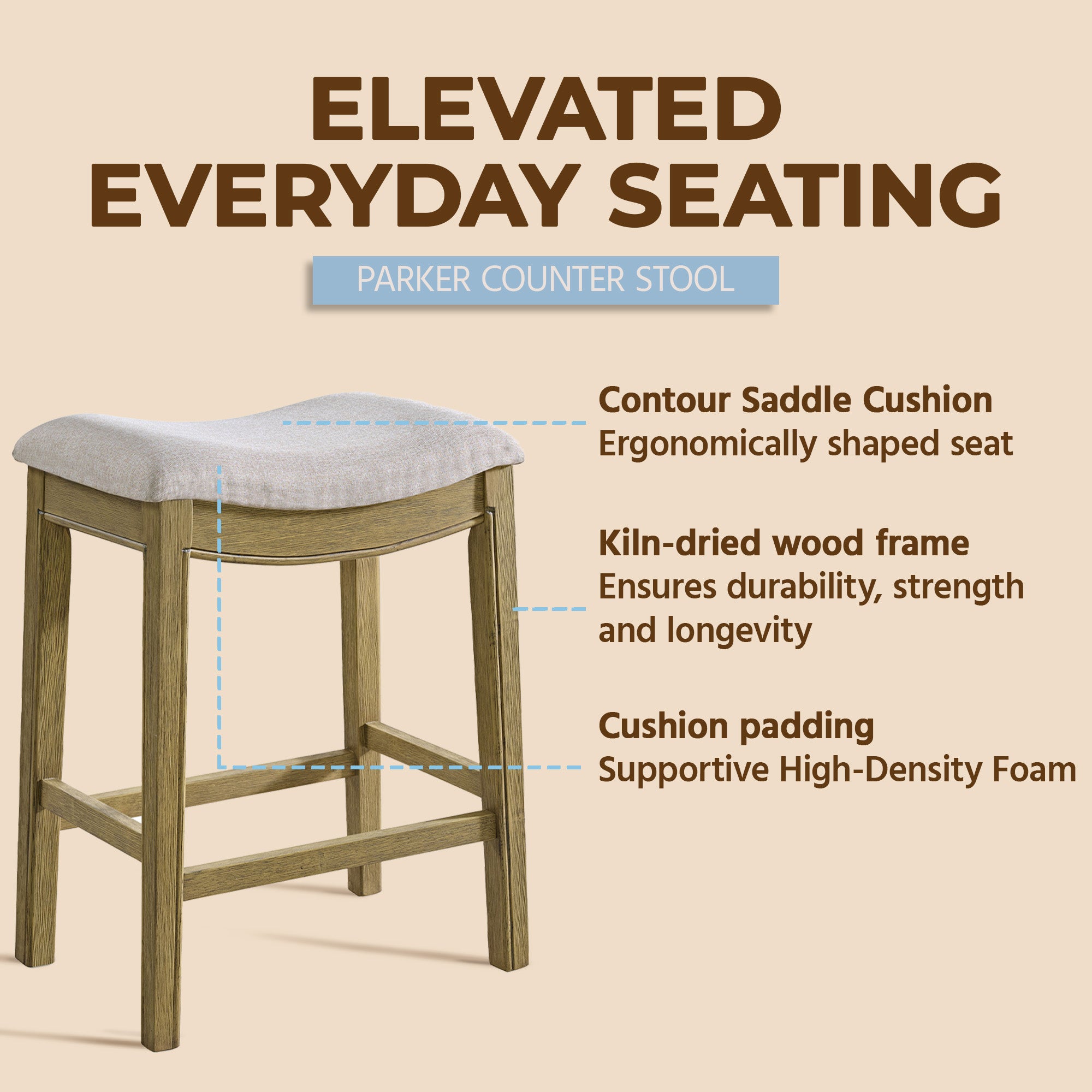 ROME + OAK Parker Backless Saddle Counter Stool, Natural, Cream Upholstery, 2 Pack