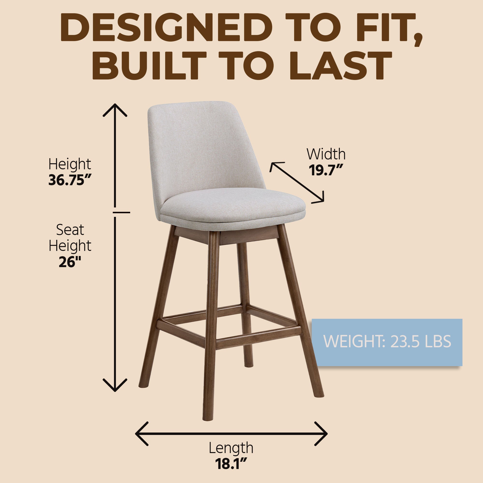 ROME + OAK Rowan 26" Swivel Counter Stool, Walnut, Soft Linen Fabric, Set of 4