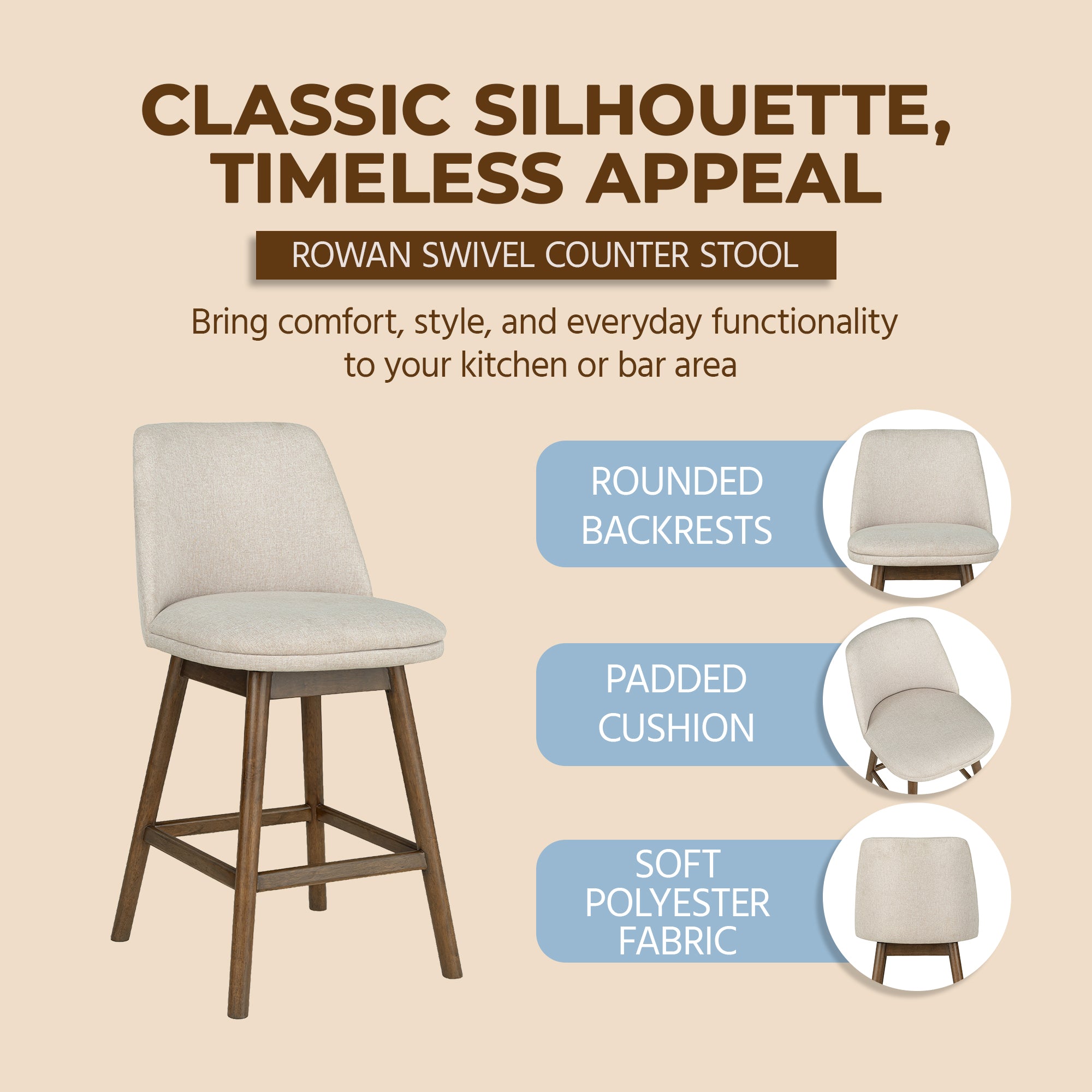 ROME + OAK Rowan 26" Swivel Counter Stool, Walnut Finish, Soft Linen Fabric Seat - VMInnovations