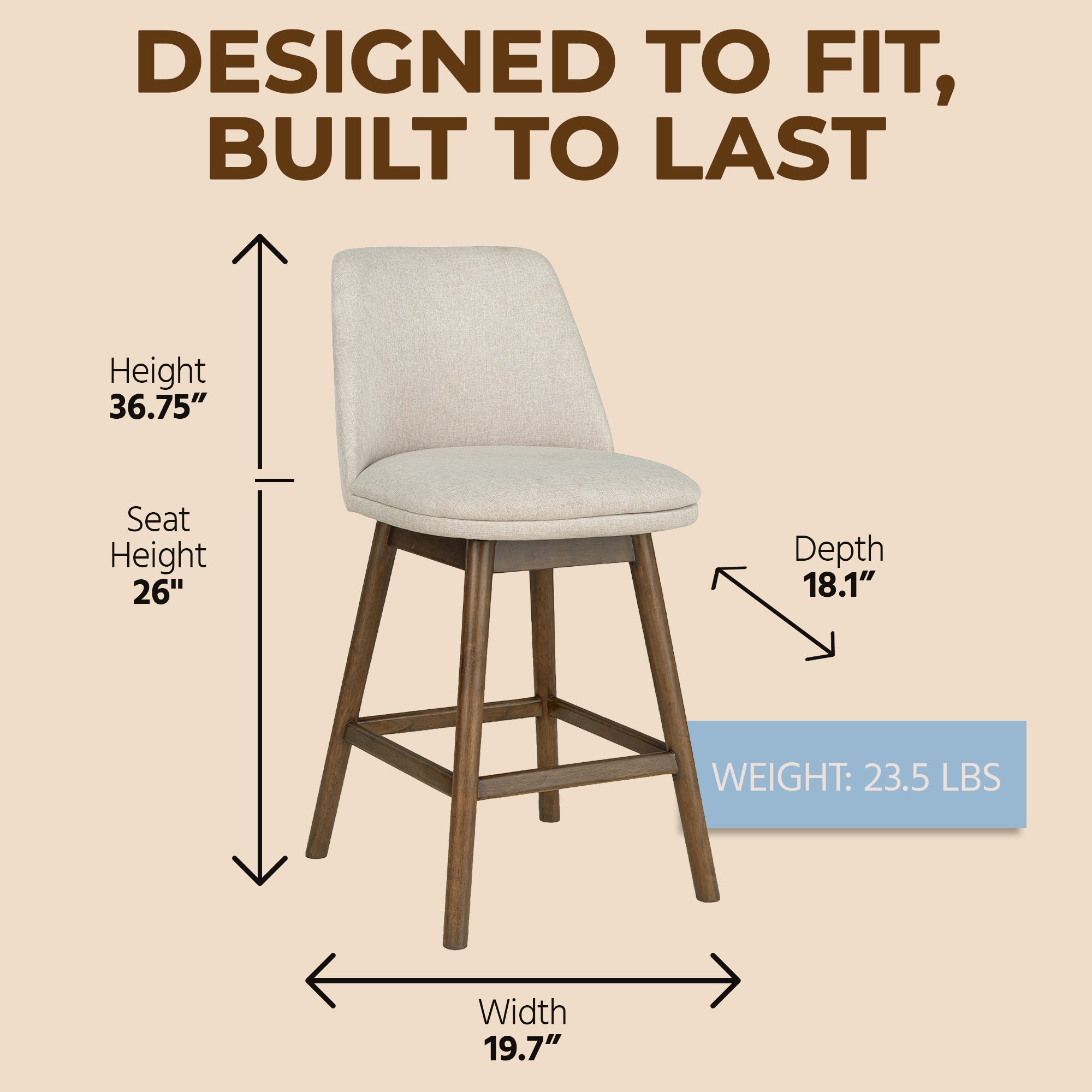 ROME + OAK Rowan 26" Swivel Counter Stool, Walnut Finish, Soft Linen Fabric Seat - VMInnovations