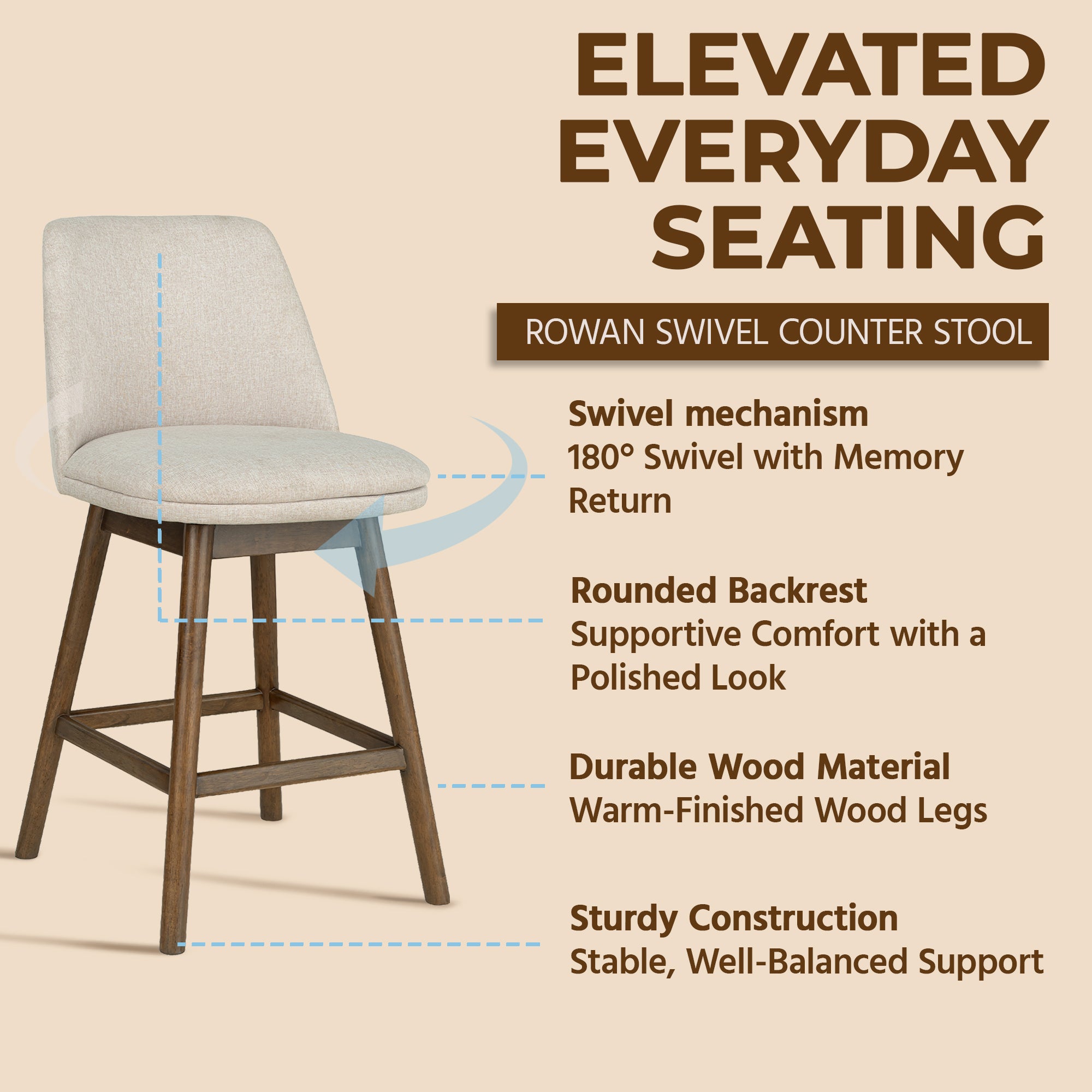 ROME + OAK Rowan 26" Swivel Counter Stool, Walnut Finish, Soft Linen Fabric Seat - VMInnovations