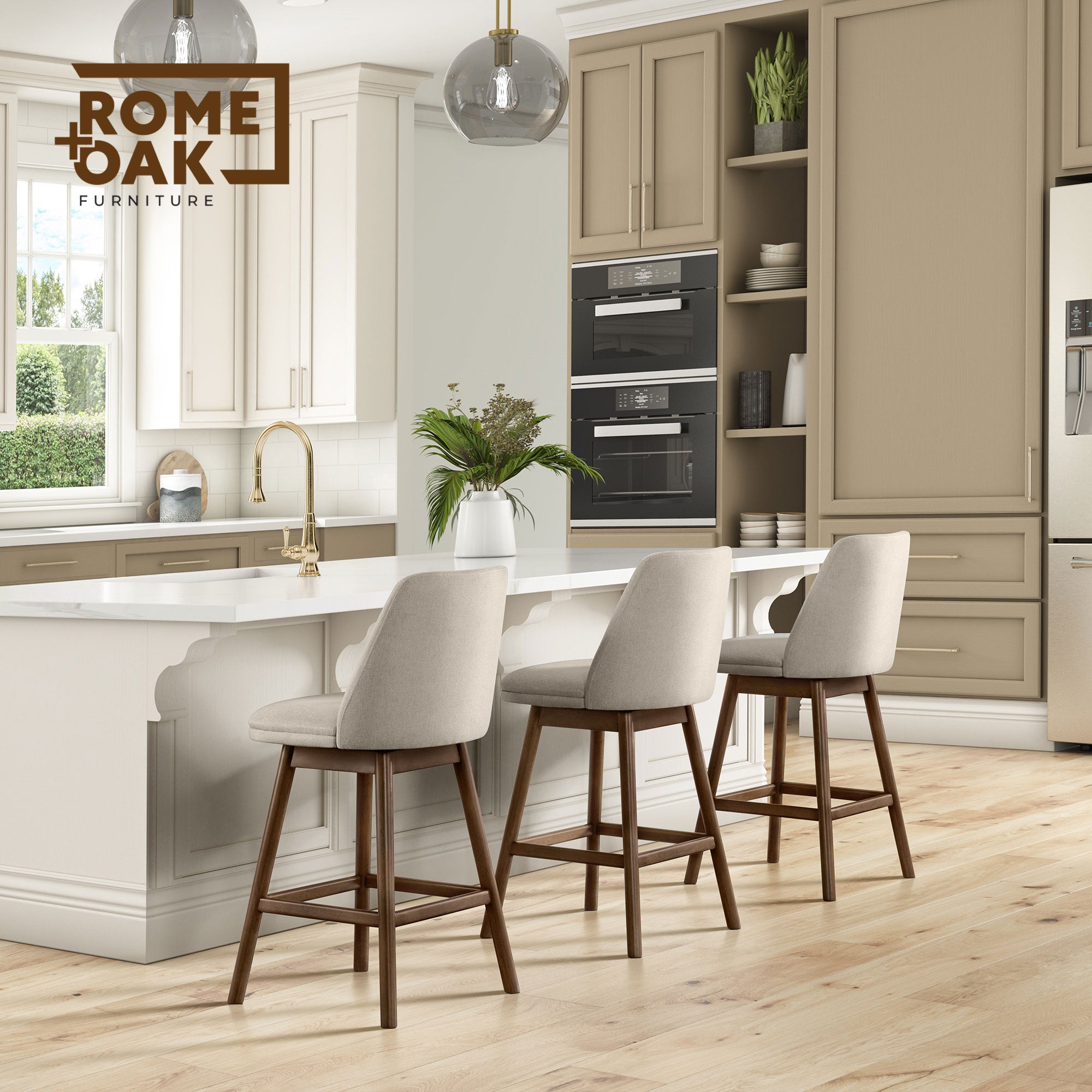 ROME + OAK Rowan 26" Swivel Counter Stool, Walnut Finish, Soft Linen Fabric Seat - VMInnovations