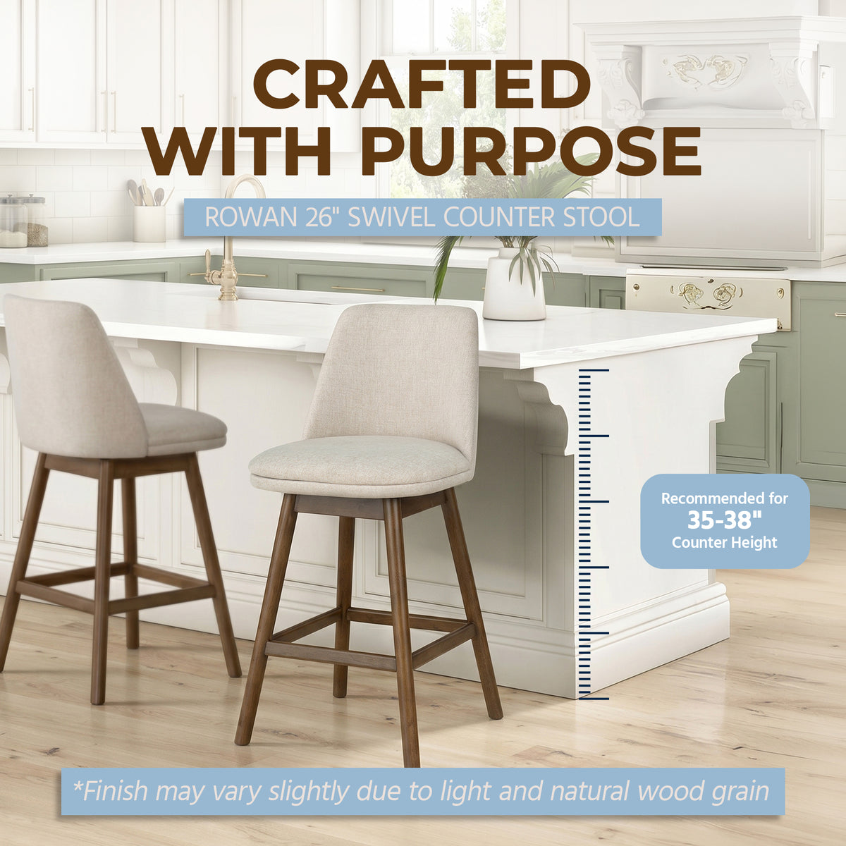 ROME + OAK Rowan 26" Swivel Counter Stool, Walnut Finish, Soft Linen Fabric Seat - VMInnovations