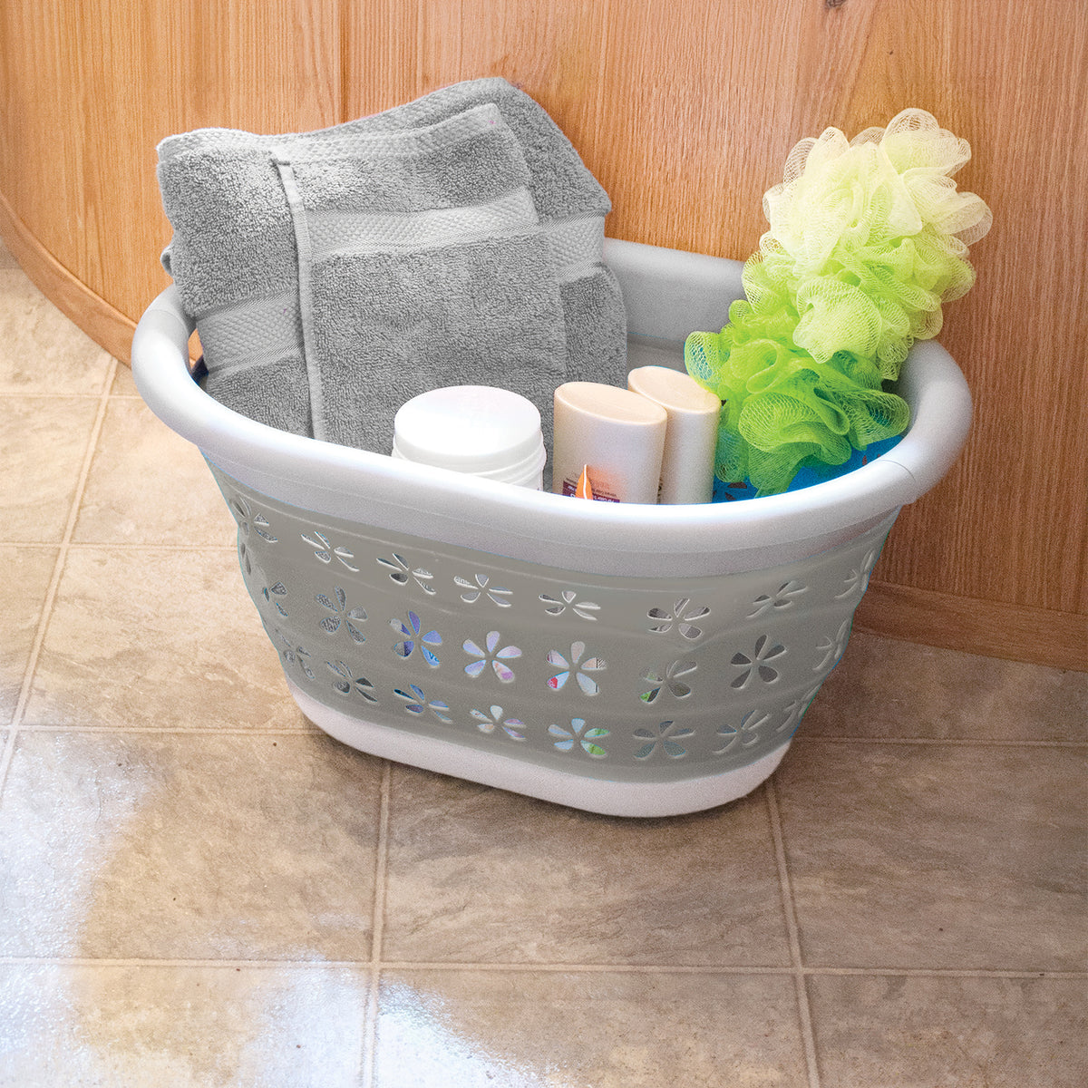 Camco Collapsible Laundry Basket, Plastic Bin, Handles for Storage, Small, Taupe