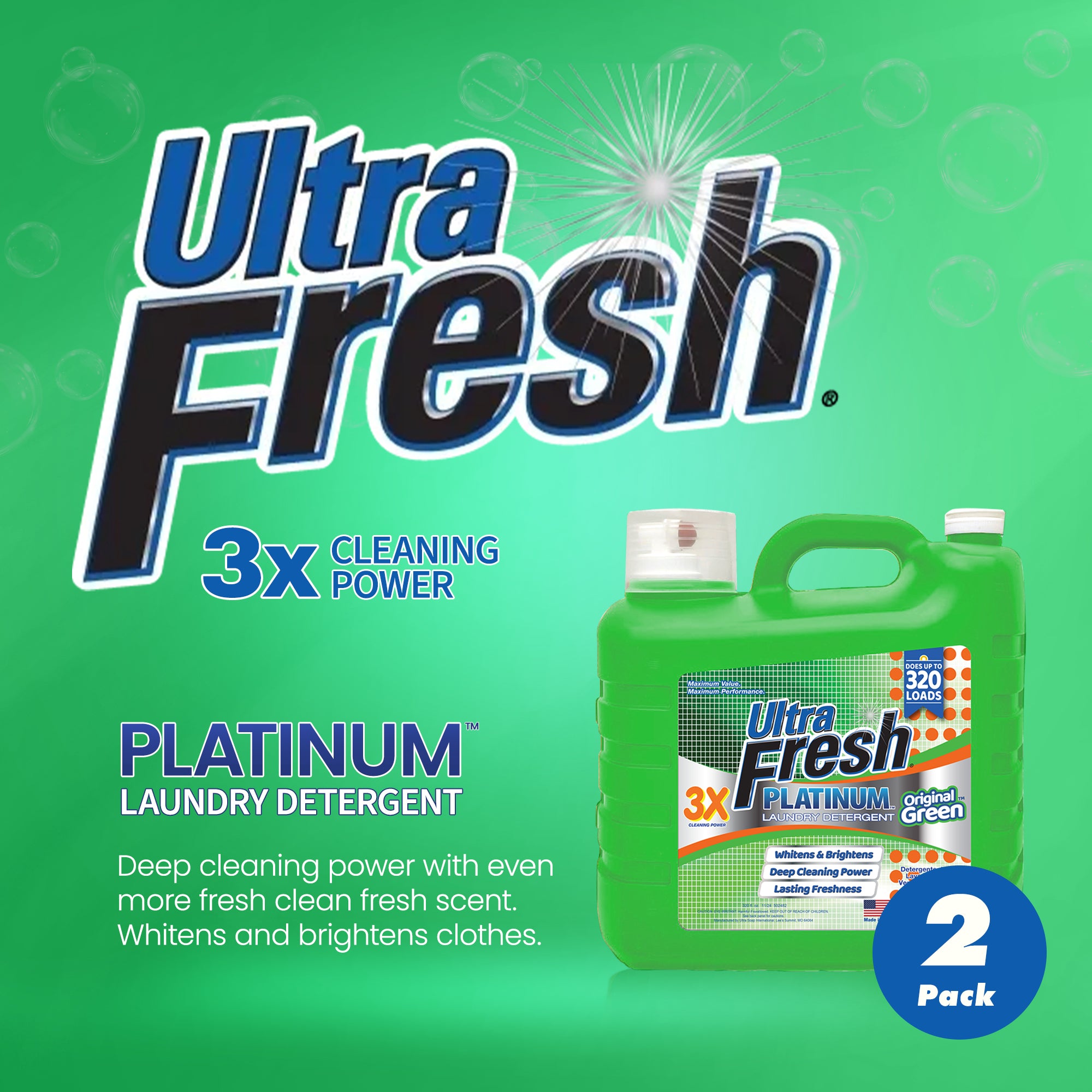 Ultra Fresh 2 Pack 3X Platinum Liquid Laundry Detergent 320 Load, Original Green - VMInnovations