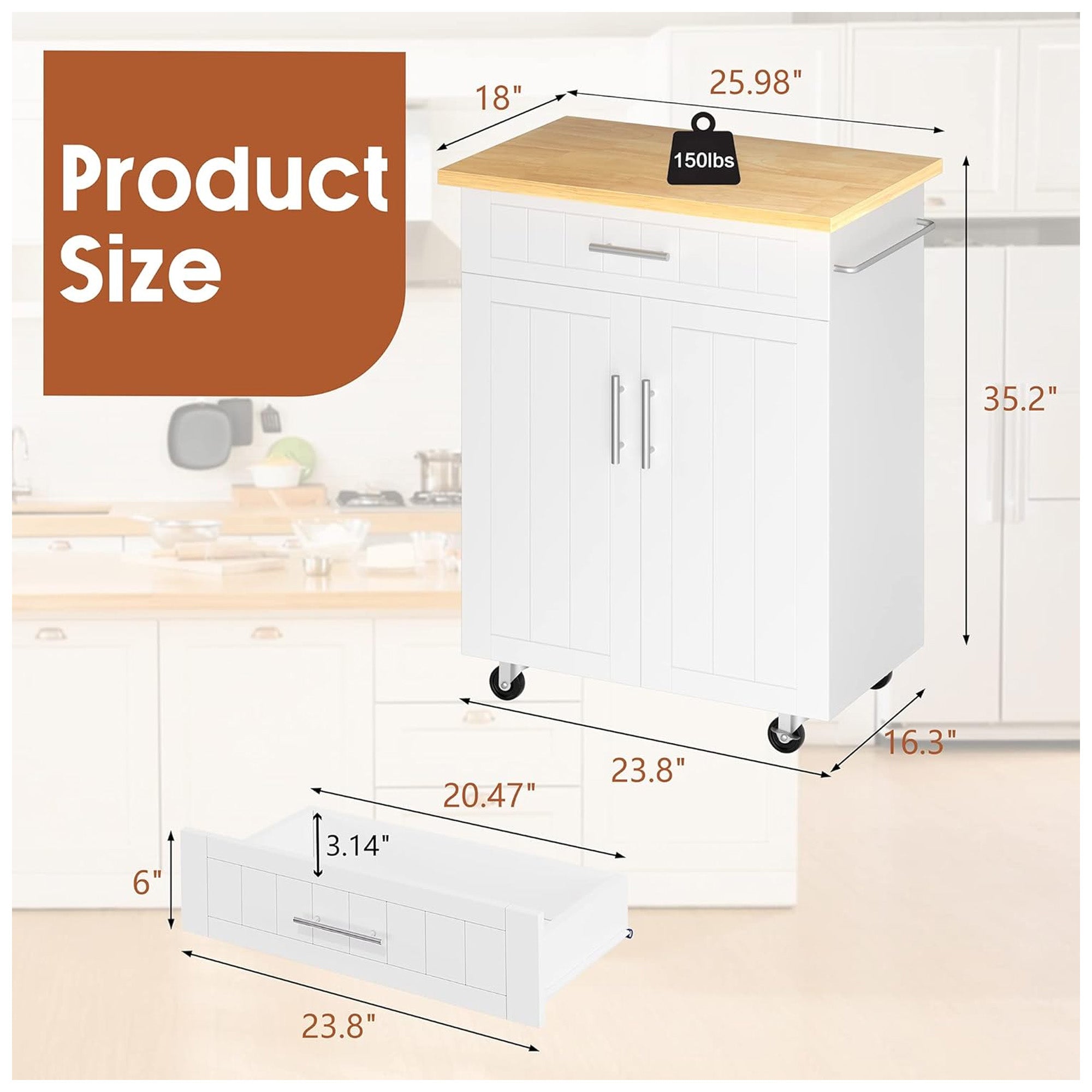 SUNLEI Kitchen Island w/Wheels, Drawer & Storage Cabinet, 26" Wide(For Parts) - VMInnovations