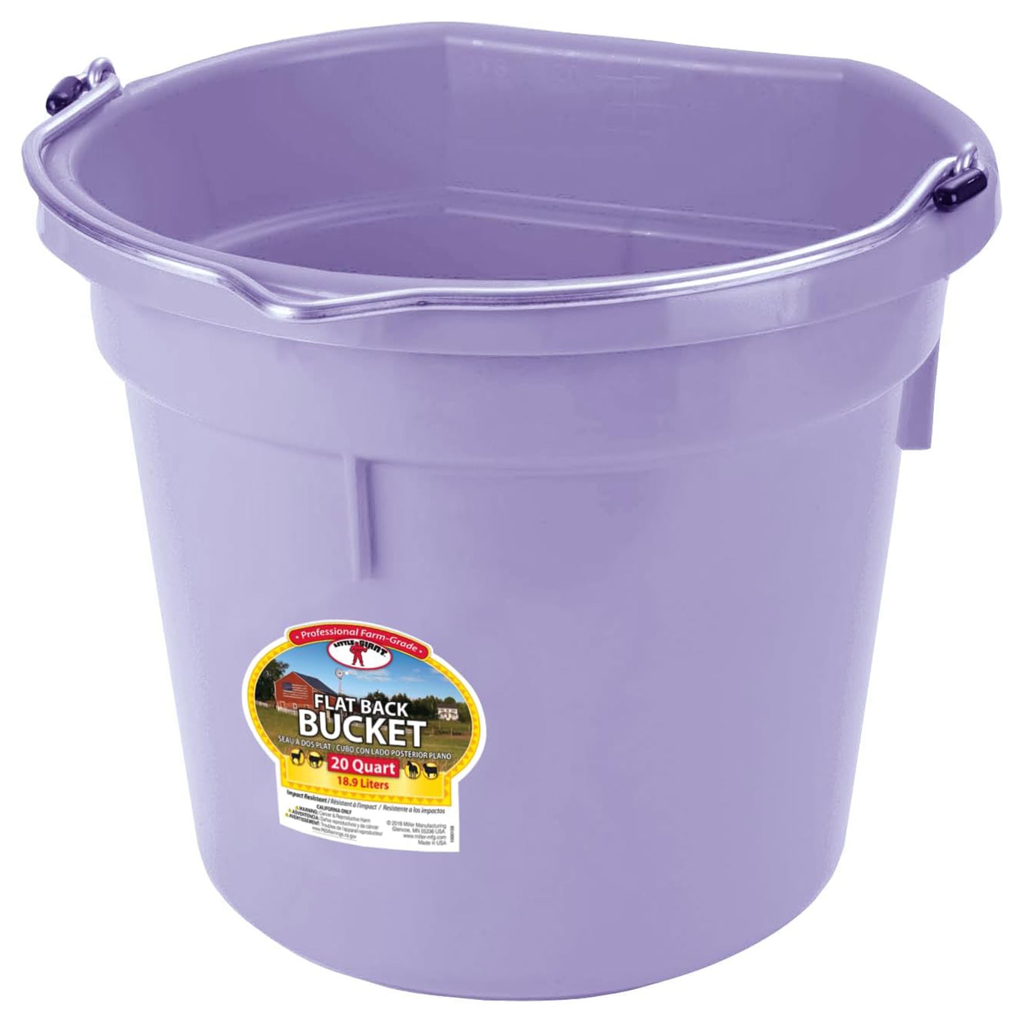 Little Giant Flat Back Plastic Animal Feed Bucket, Metal Handle, 20 Qt, Lavender - VMInnovations