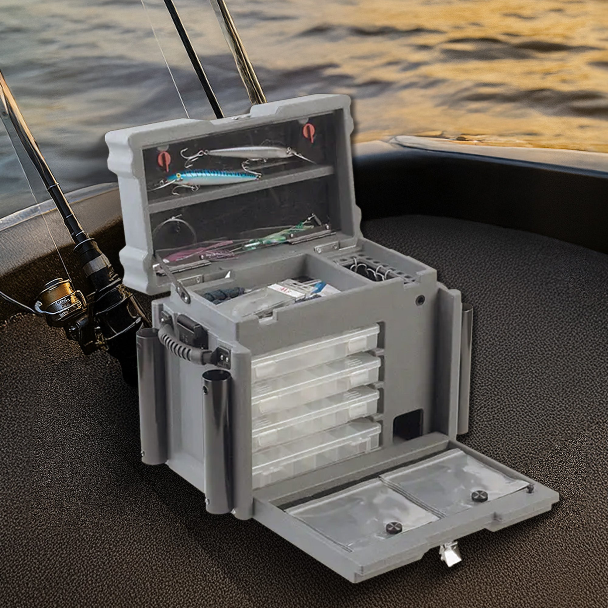 SKB Medium Tackle Box, 4 Storage Boxes with Dividers and Padlockable Latch, Gray - VMInnovations
