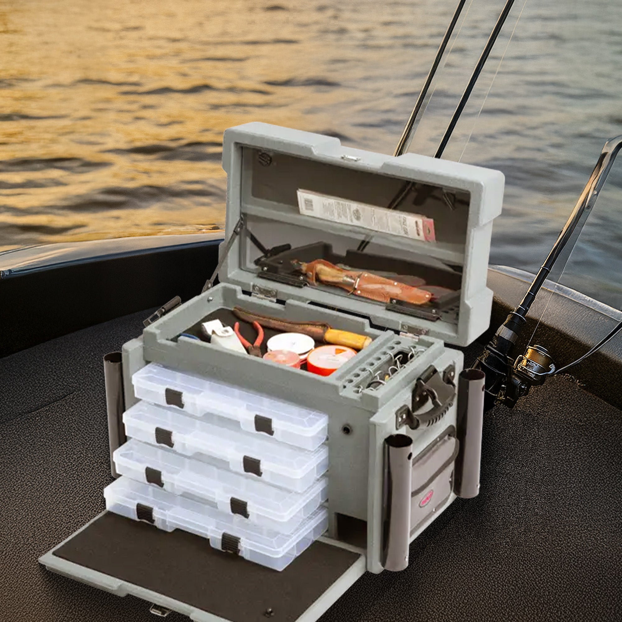 SKB Large Tackle Box, 4 Drawers with Dividers and 2 Soft Exterior Pockets, Gray - VMInnovations