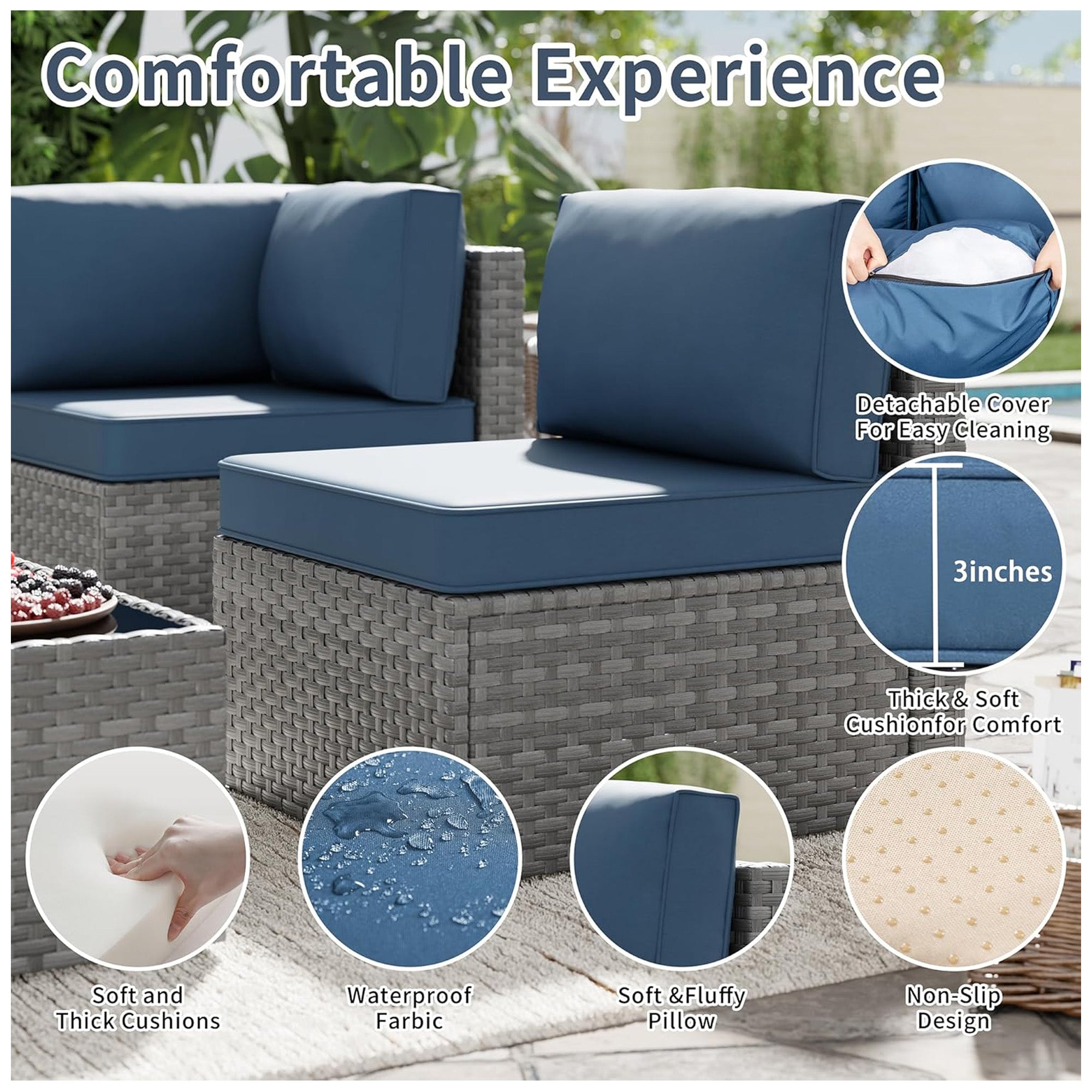 SUNLEI 5pc Patio Furniture Set, Silver Rattan Sofa with Table, Aegean Blue(Used) - VMInnovations