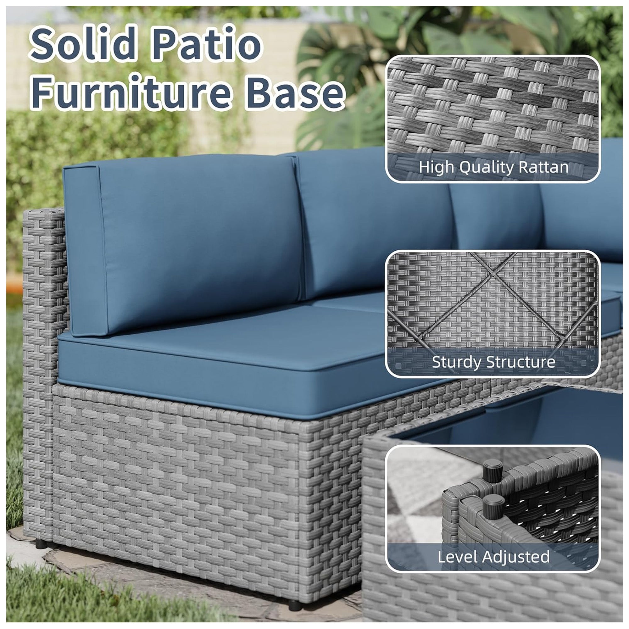 SUNLEI 5pc Patio Furniture Set, Silver Rattan Sofa with Table, Aegean Blue(Used) - VMInnovations