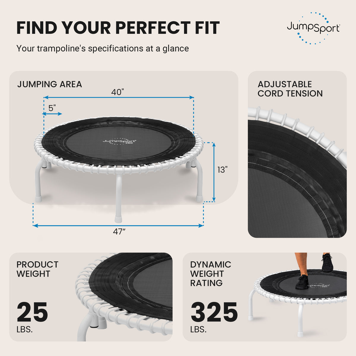 JumpSport 44 Inch PRO Workout Rebounder for Adults 44" Fitness Trampoline, Black