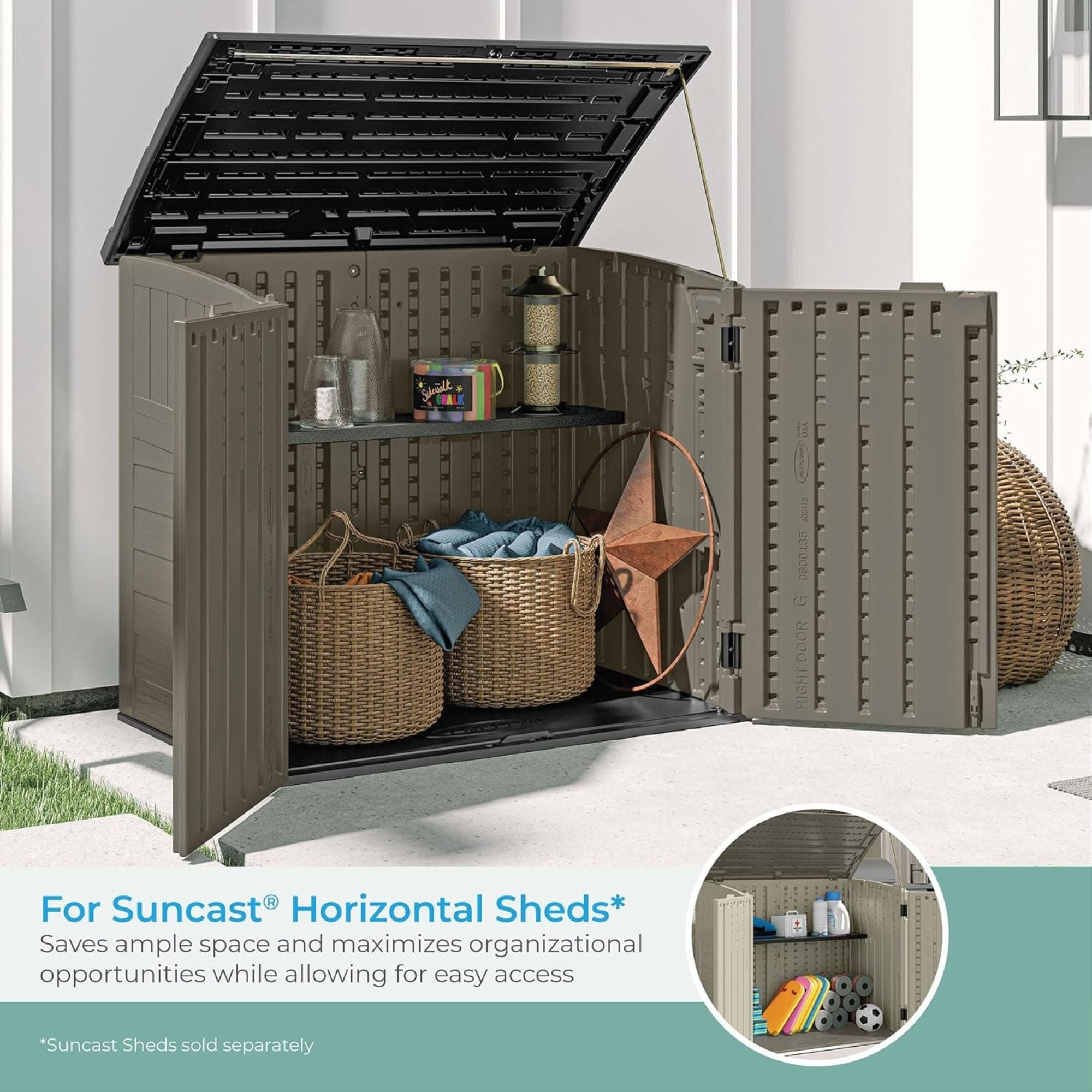 Suncast 6 Pack Horizontal Shed Shelf Space Saving Wall Outdoor Storage, Black